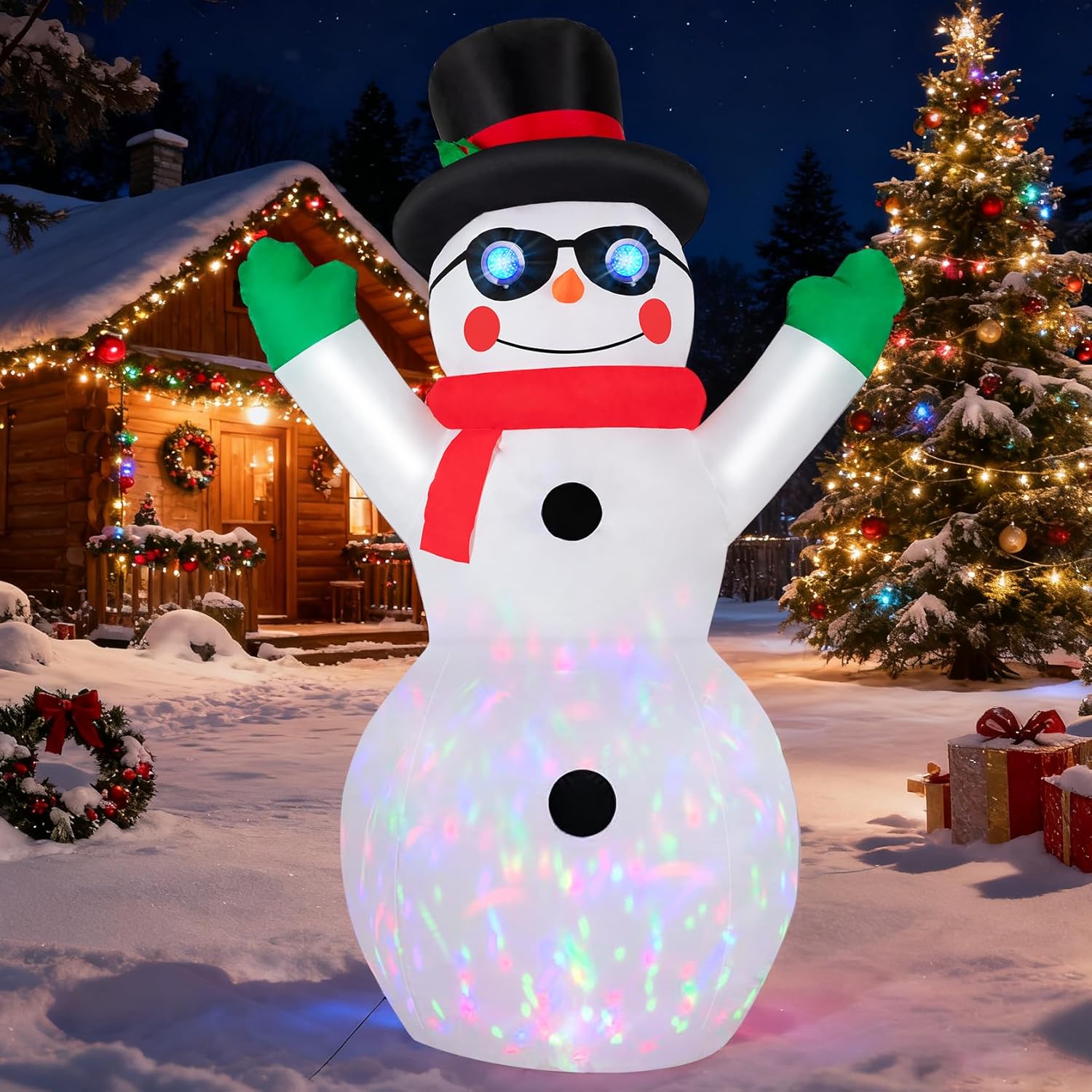 Unusual 6 FT Tall Christmas Inflatables Snowman Outdoor Decorations with Built-in Rotating Led Lights & Tunnel Eyes Xmas Blow Up Snow Man with Magic Hat for Party Indoor Yard Garden Winter Decoration