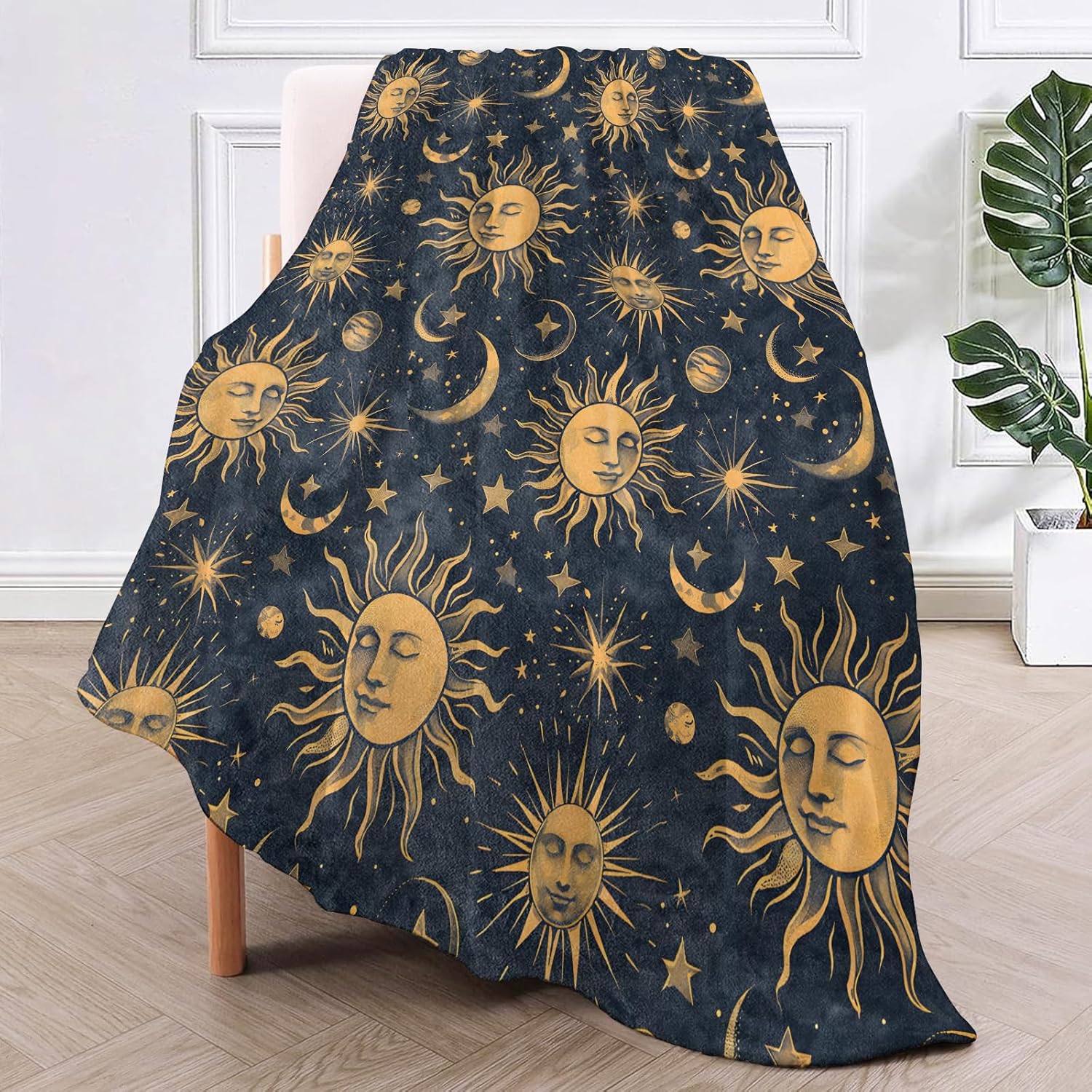 Celestial Sun Faces Throw Blanket for Couch Picnic Camping Bedroom Decor, Mystical Gold Stars Crescent Throws, Super Soft Cozy Warm Fluffy Fleece Blankets Gifts for Kids Adults, 60x50 Inch