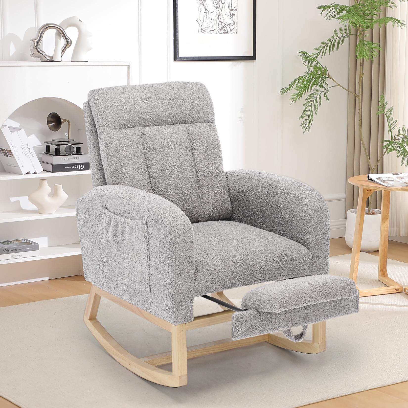 RBFGYIOP Comfort Nursery Rocking Chair with Adjustable Footrest – Ergonomic Glider Rocker for Breastfeeding, Soft Teddy Fleece Upholstery, Deep Cushioning for Ultimate Relaxation