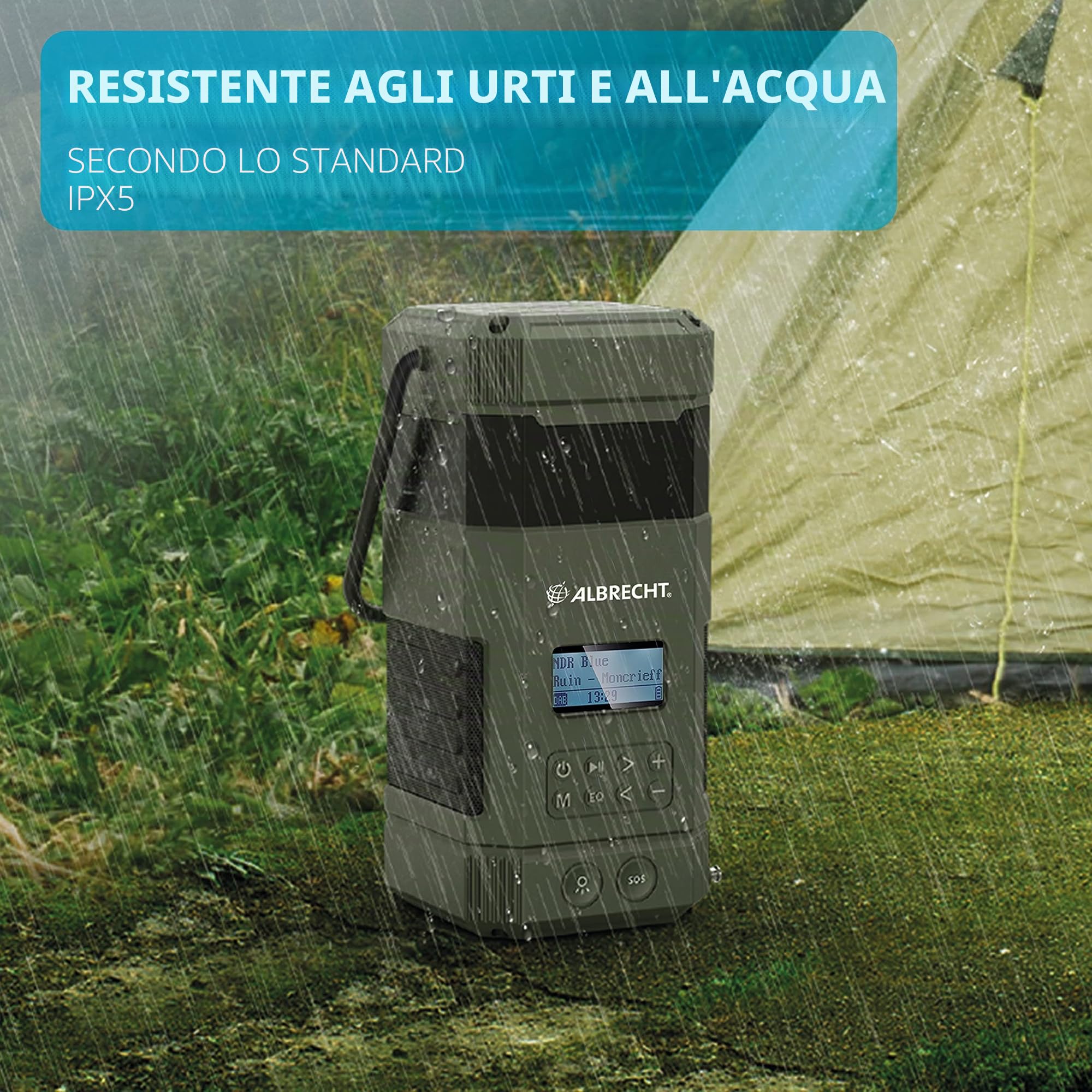 Albrecht DR 114, radio d'emergenza da esterno con lampada da campeggio, portatile DAB+/FM, 27912, chiamata di emergenza SOS,torcia elettrica, pannello solare, PowerBank, protezione dall'acqua IPX5