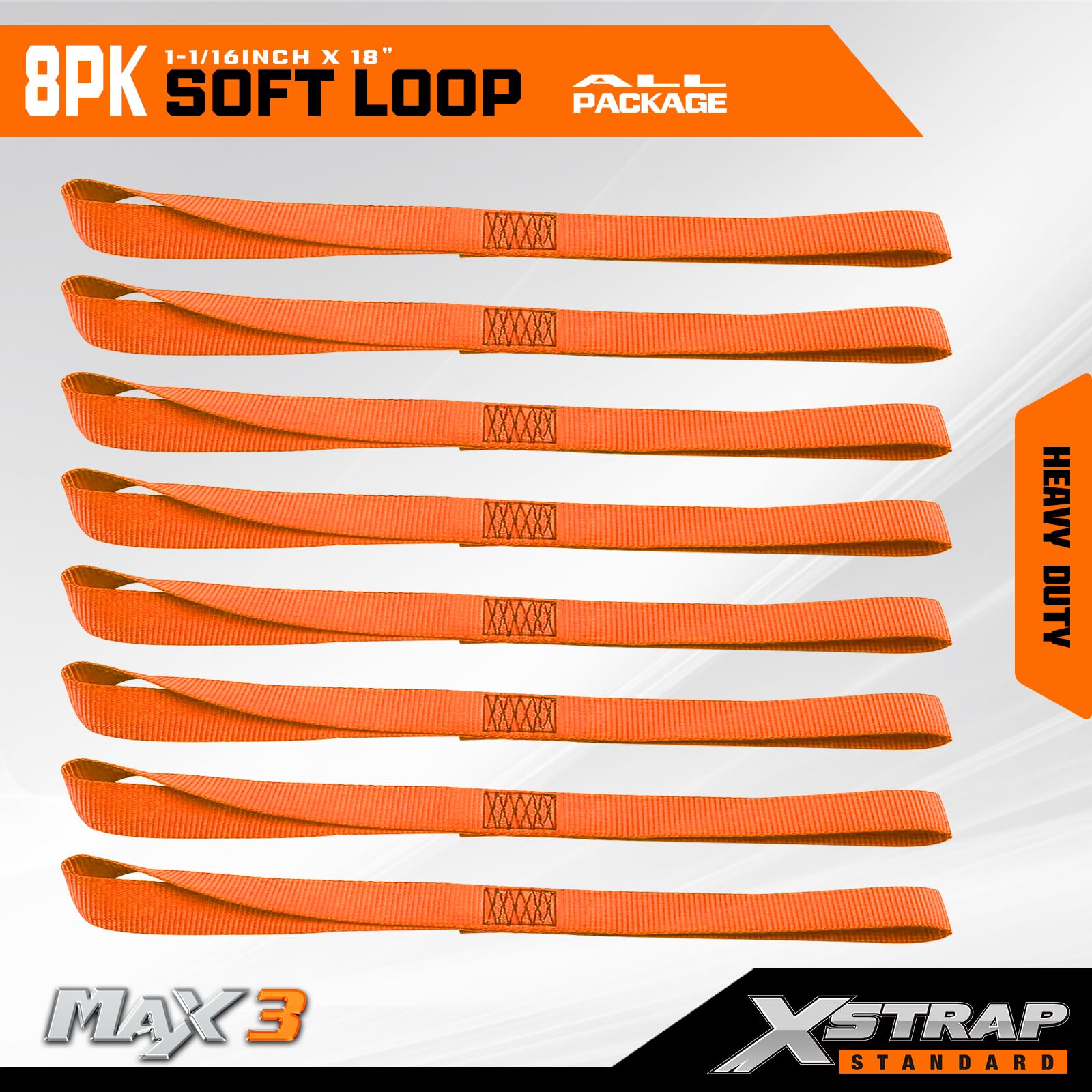XSTRAP STANDARD Miękkie paski mocujące z pętelką, 8 szt., wytrzymałość na rozerwanie 1-1/40 x 45 cm - 1,632 kg, pętle do zabezpieczania przyczep rowerów, ATV, UTV, motocykli, skuterów, motocykli crossowych, sprzętu do trawnika, pomarańczowe