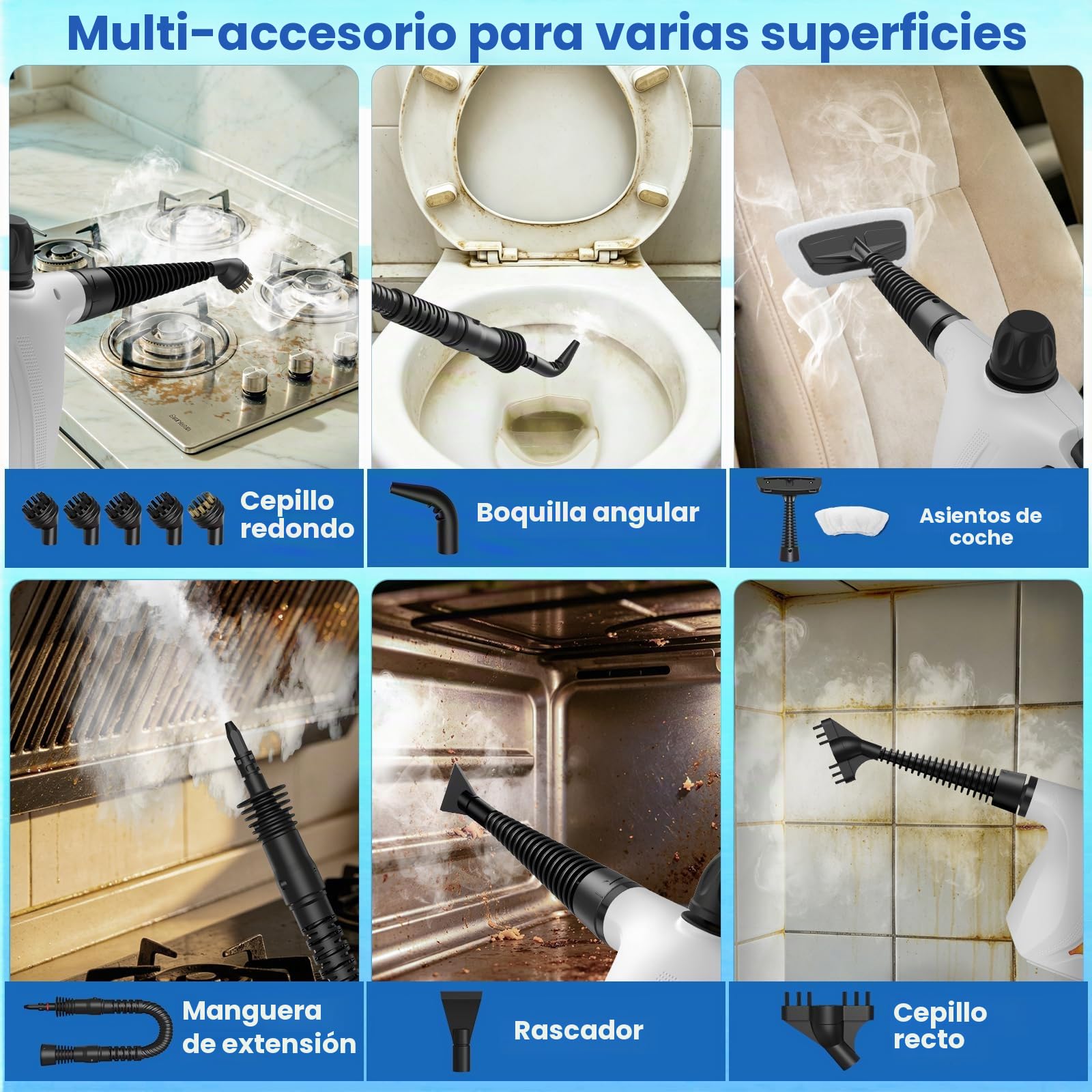 Cawevon Limpiador a vapor portátil con cierre de seguridad y 14 accesorios en 9 estilos diferentes para cocina, automóvil, textiles, baño, azulejos y estufas. (blanco)