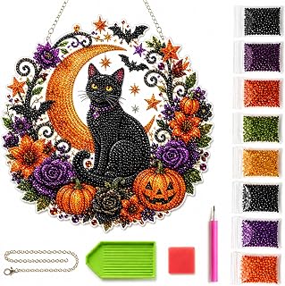 Silkivana Halloween Black Cat Moon Diamond Art Hanging Ornament Kit, Double Sided Faceted Rhinestone Suncatcher, DIY Window Hanging Pendant Decor for Indoor & Outdoor Home Wall Craft