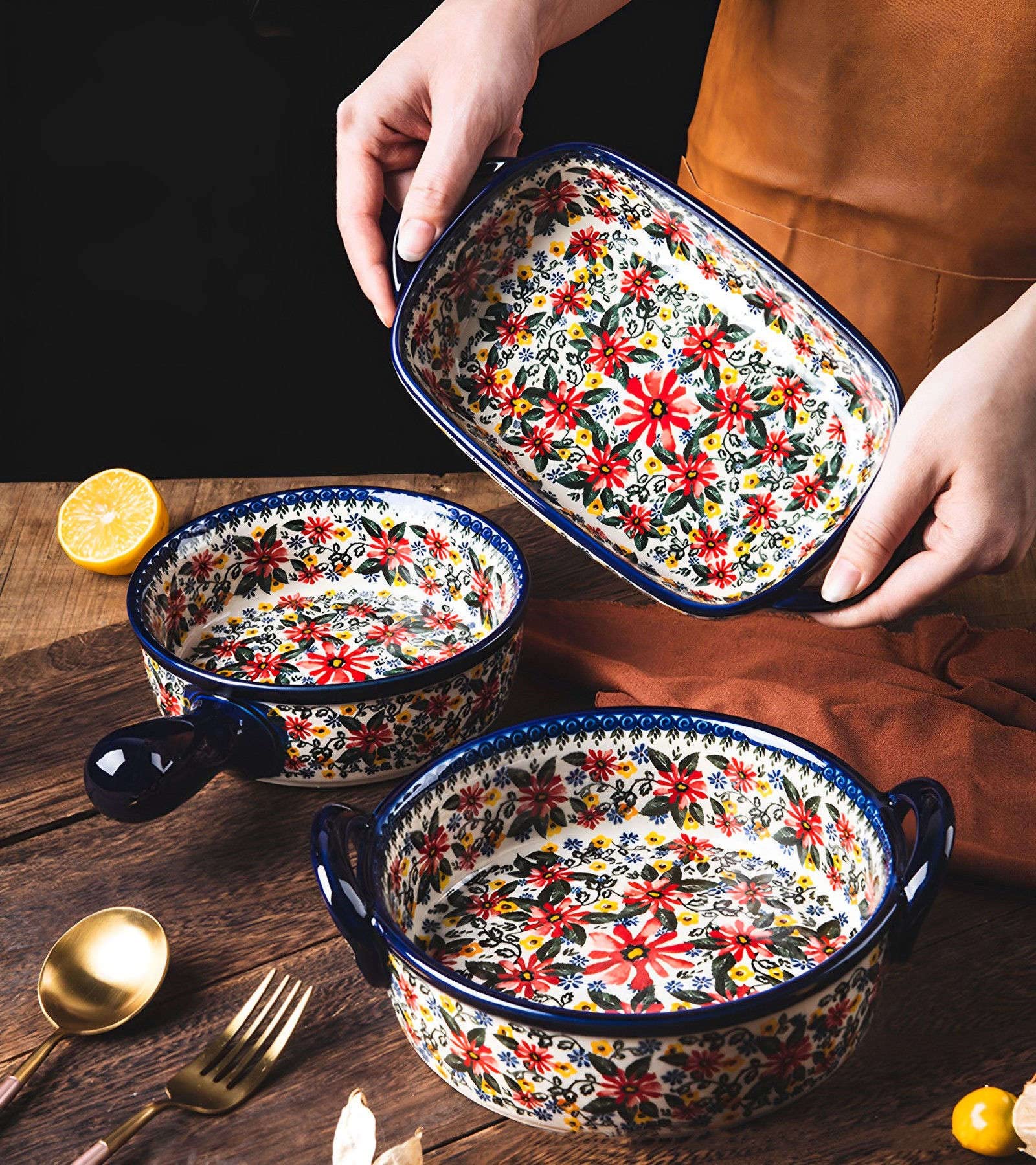 Ceramiczne naczynie do pieczenia do piekarnika, małe naczynie do zapiekania z uchwytami, piekarnik ceramiczny do pieczenia - chryzantema-prostokąt 700 ml