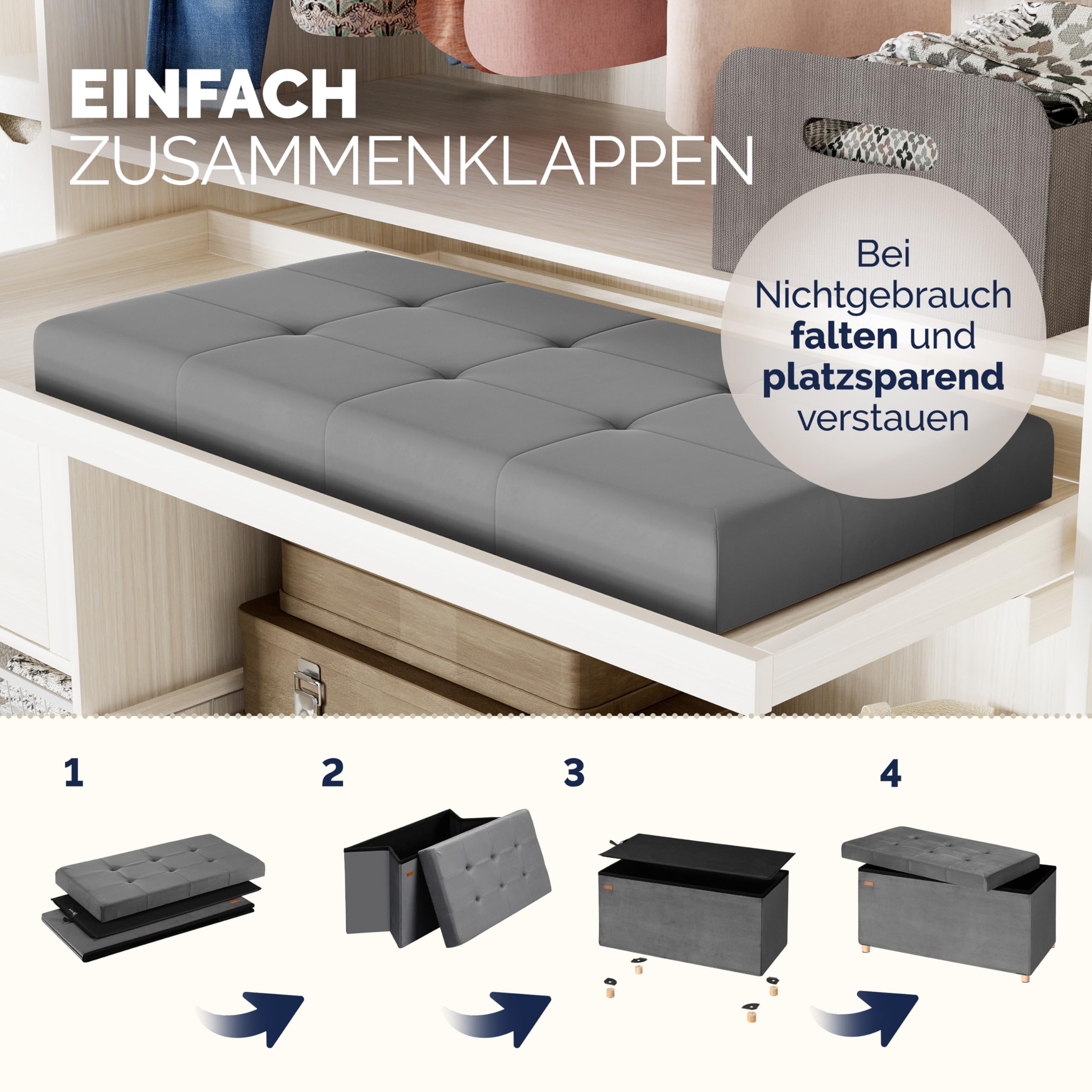 Casaria® Sitzbank mit Stauraum Anthrazit Samt mit Holzfüßen Faltbar Sitzbank 300kg Belastbar 76cm Truhe Wohnzimmer Schlafzimmer Flur Truhenbank Bank