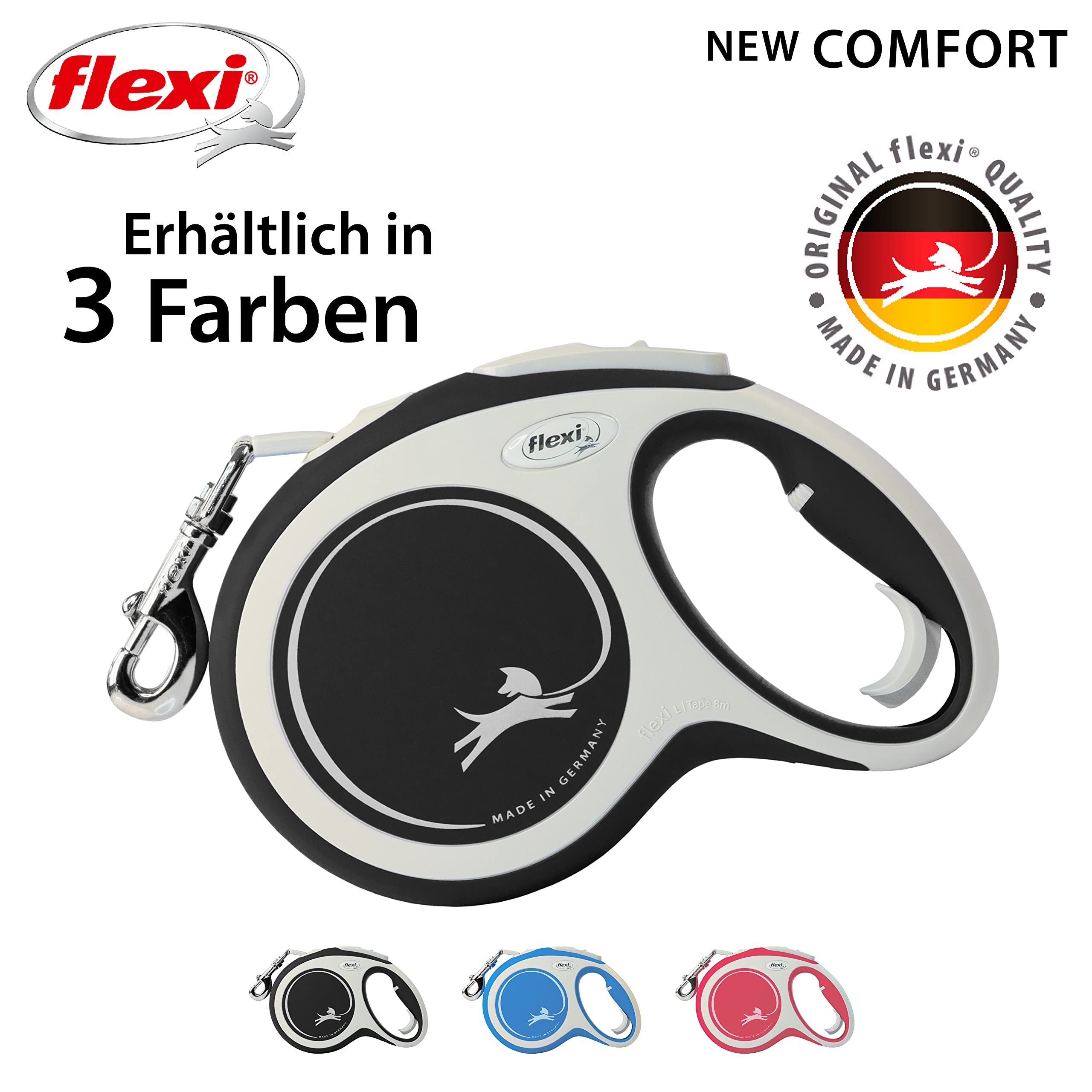 flexi® Comfort L | 8m Gurt Roll-Leine für Hunde bis 50 kg | Schwarz | ausziehbare Hundeleine | Gewicht 537.8 gr | Maße 13.9 x 21.3 cm