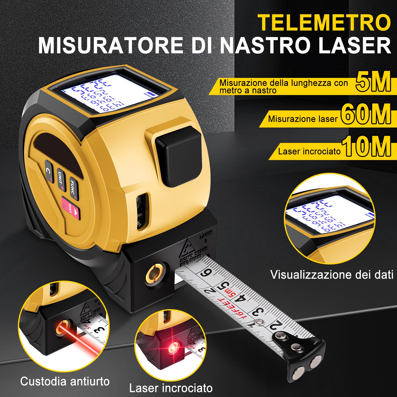 Misuratore Laser 3 In 1, 60 M Telemetro Laser Digitale, Misuratore di Distanza (Unità: M/In/Ft), Metro A Nastro da 5 M + Proiettore A Croce Rossa, per La Lavorazione Del Legno E L'Edilizia