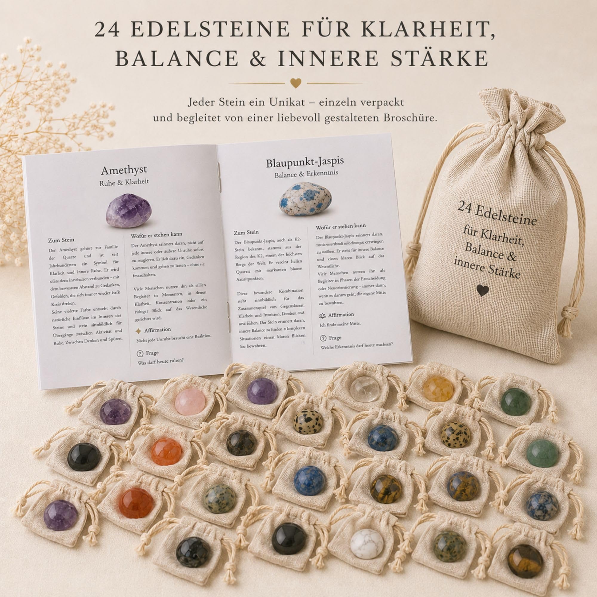Milaboo Affirmationssteine Set – 24 Edelsteine mit Bedeutung & Karten – Geschenkset im Jutebeutel – Achtsamkeit, Motivation, innere Stärke – Geschenk für unterschiedliche Anlässe (24er Set 1)