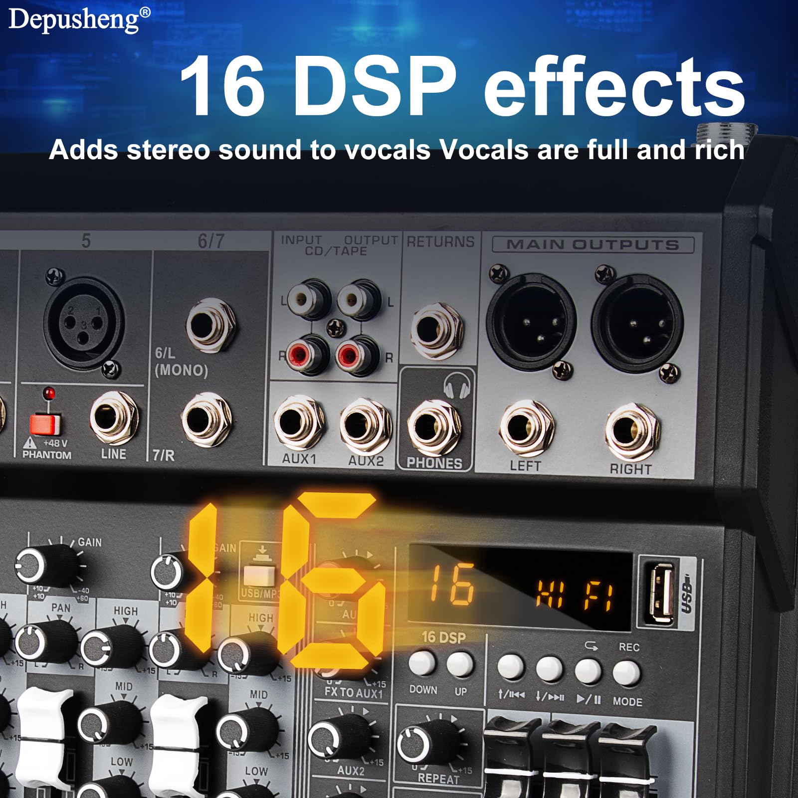 Depusheng Professional Audio Mixer, 7 Channel Audio Interface Sound Board Mixing Console System, 16-Bit DSP DJ Bluetooth Mixer +48V Phantom Effect For Karaoke Studio Streaming Recording (XT7)