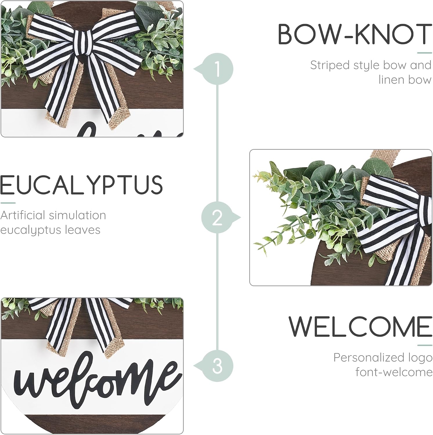 Dahey Rustic Welcome Sign with Artificial Eucalyptus Front Door Decor Round Wood Hanging Sign Farmhouse Porch Decorations for Home Outdoor Indoor, White,Small