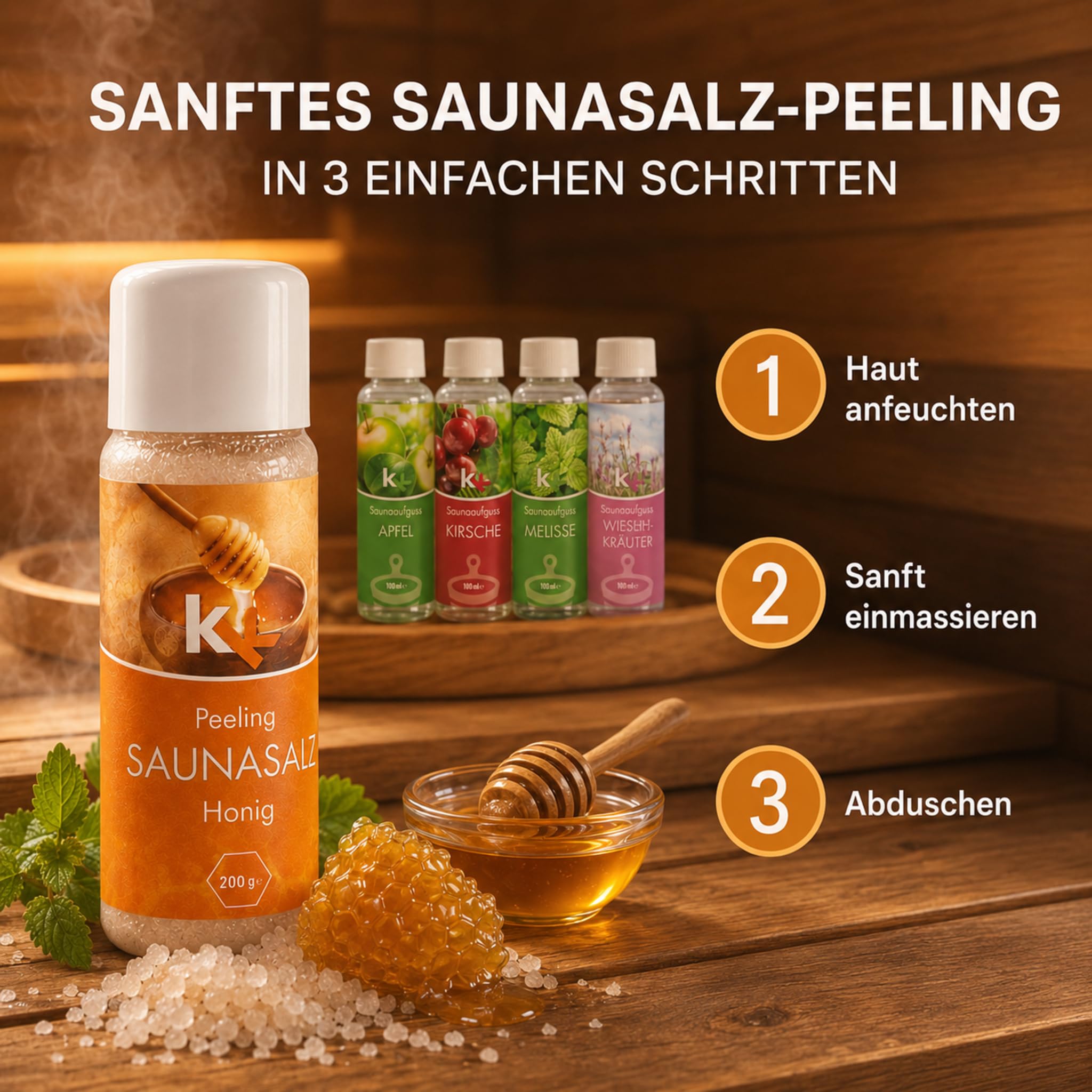 Saunaaufguss Set Altes Land 4x100ml + Honig Saunasalz Peeling – Melisse, Wiesenkräuter, Grüner Apfel & Kirsche – Hochkonzentriert – Fruchtig-frisches Sauna Geschenkset – Made in Germany