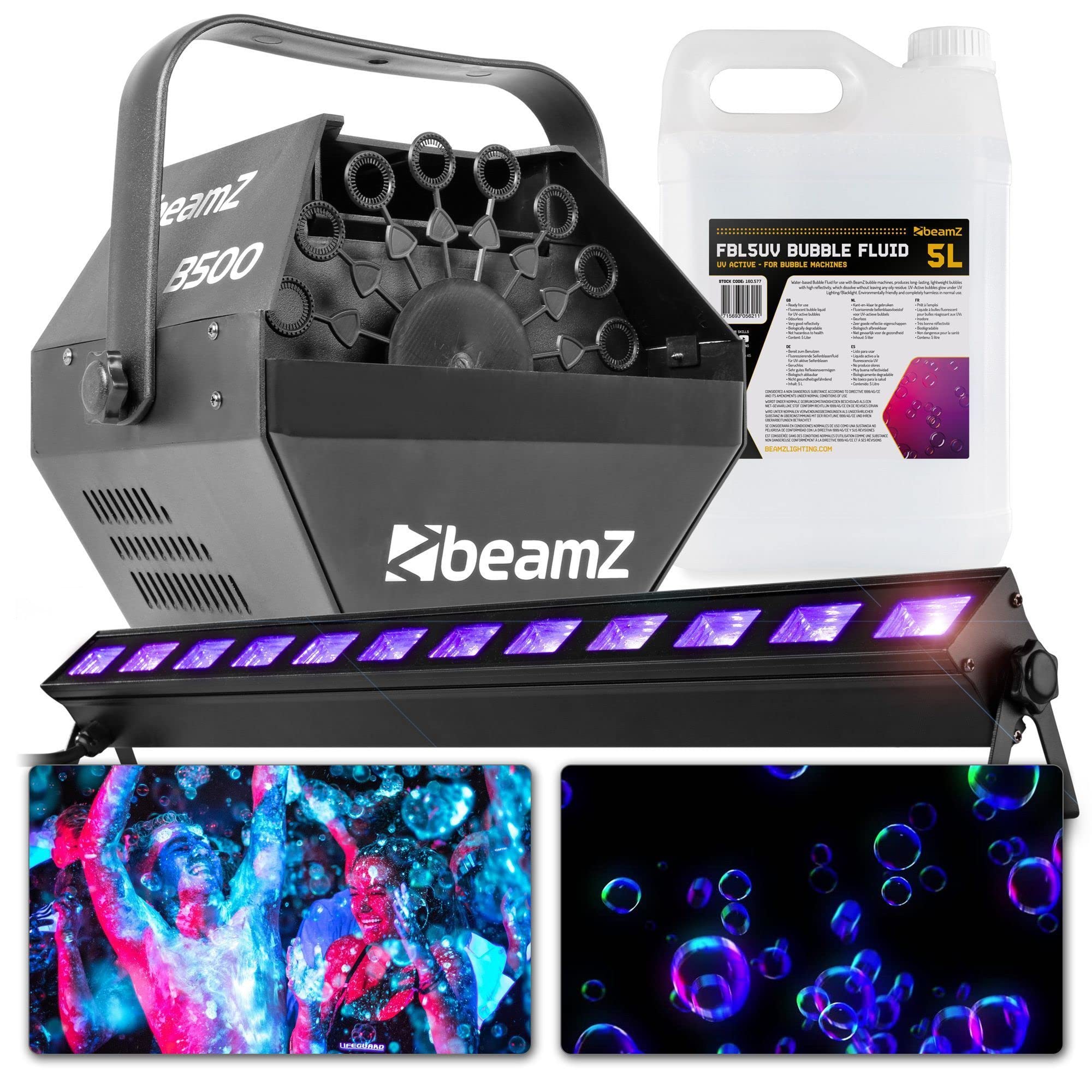 BeamZ B300 Machine à Bulles - 30 Tours/Min avec Grande Roue + 5L de Liquide UV + Barre LED UV, Ventilateur Puissant, Effet Tourbillonnant
