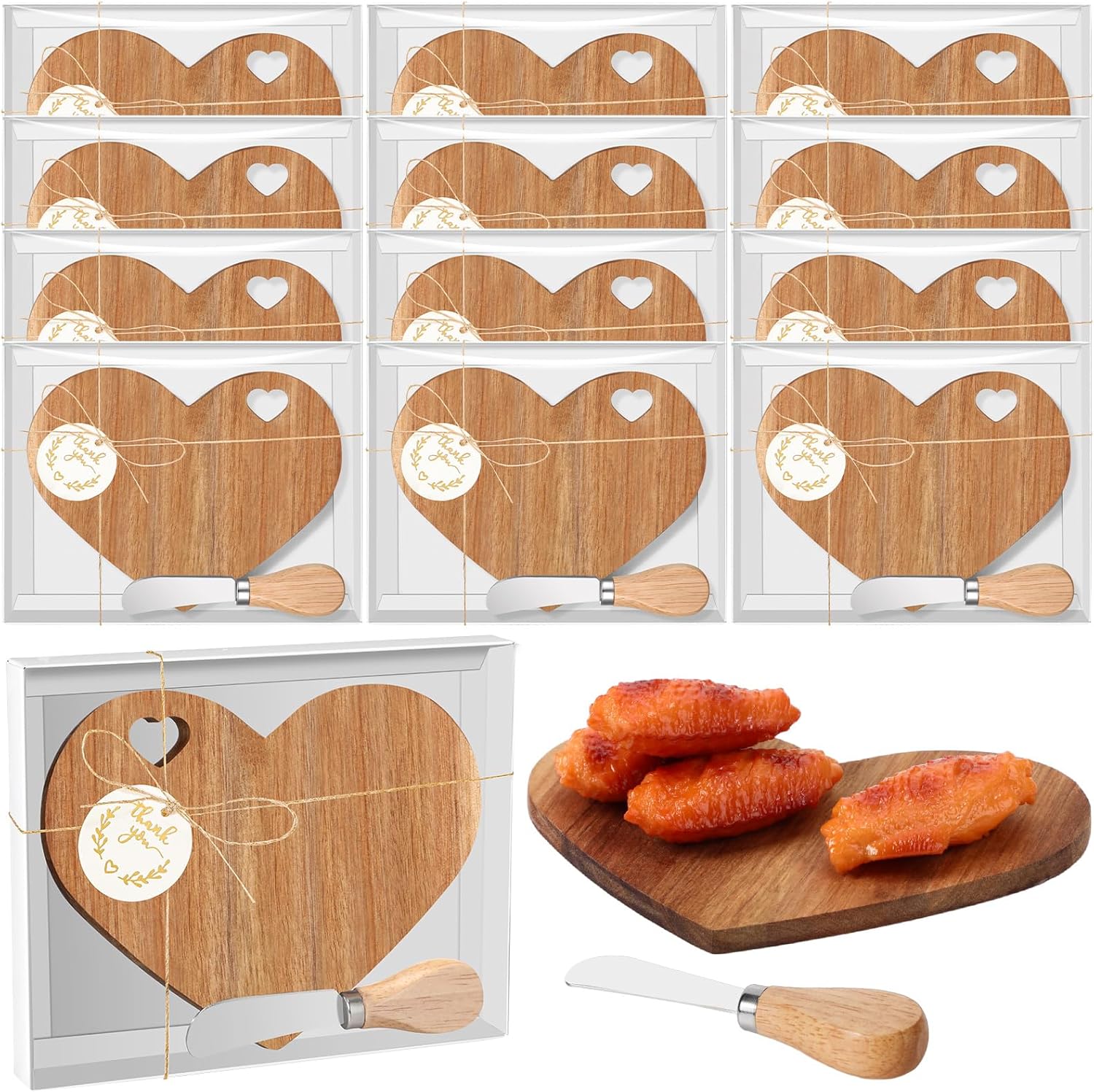 Maxcheck 12 Set Bridal Baby Shower Favor Heart Shaped Charcuterie Board Bulk 7x5inch Mini Cheese Board Gift with Knives Thank You Tag for Guest Birthday Bridal Wedding Baby Shower Prize (Brown)