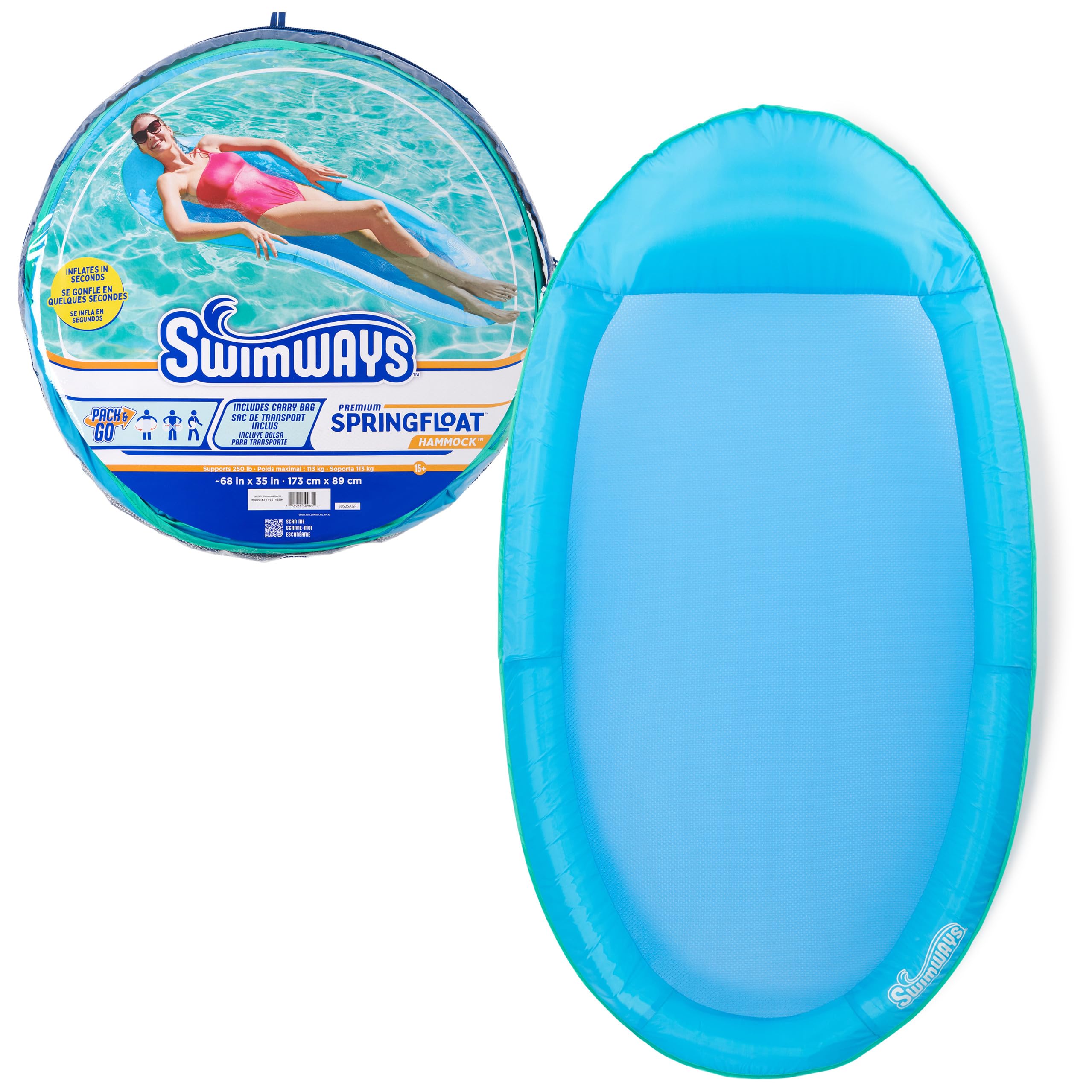SwimWays Spring Float Premium Hammock Pool Lounger, Inflatable Pool Floats Adult with Fast Inflation for Ages 15 & Up, Sky Blue