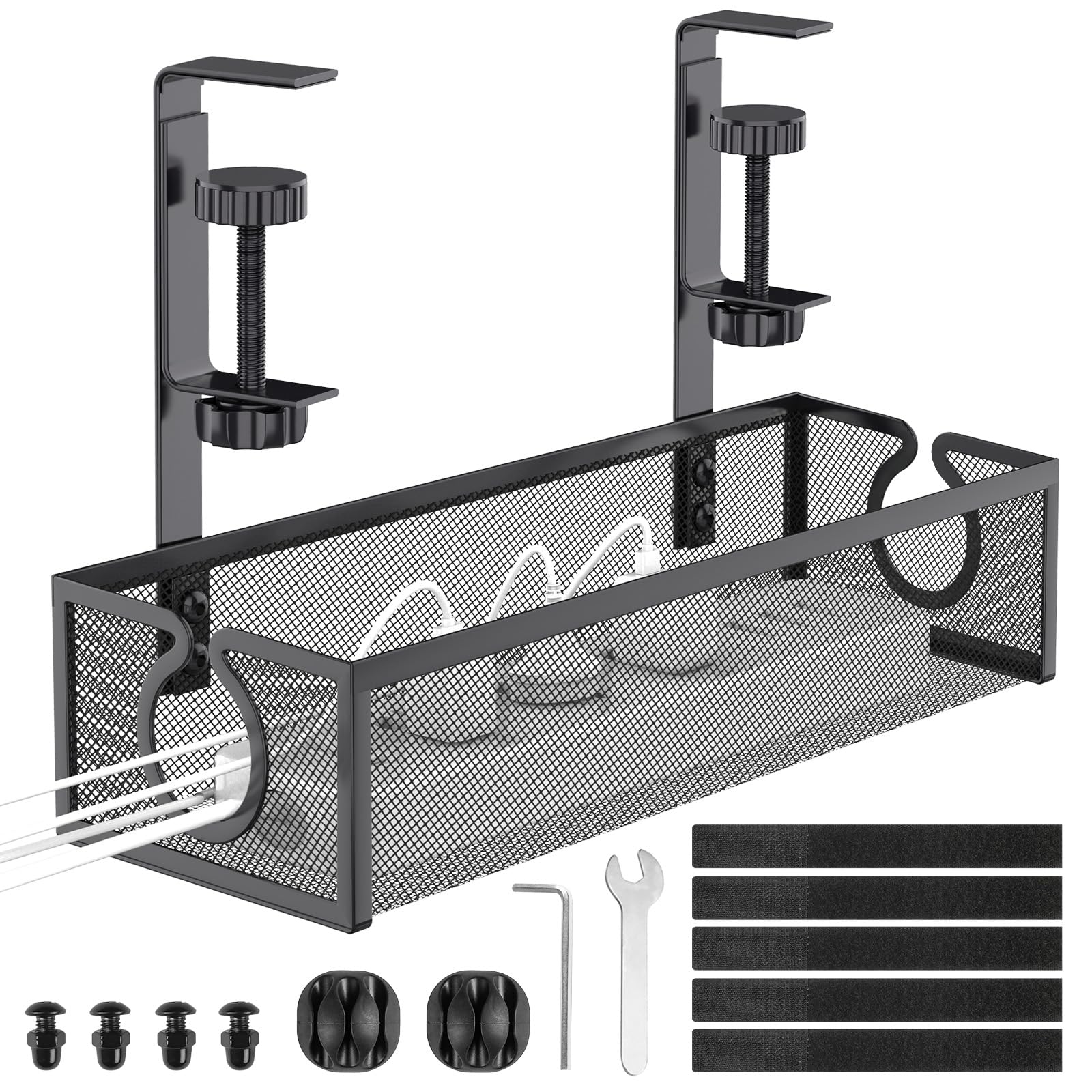 DECOHOME Under Desk Cable Management Tray, No-Drill Mesh Table Cable Basket for Managing Cables and Power Strips, No Screws Tidy Box Wire Organiser for Home, Office, Internet Cafe (Black, 1 Pack)