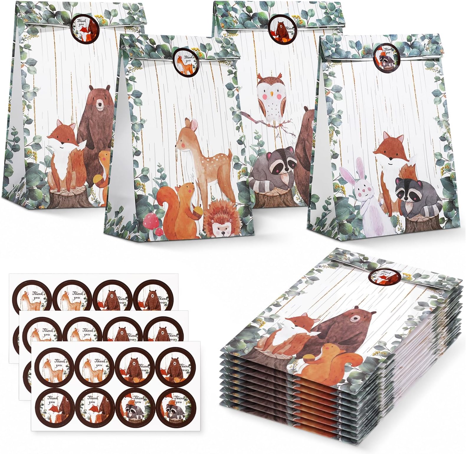24 Pieces Small Woodland Baby Shower Party Favor Gift Bags with Stickers | Woodland Animal Themed Goodie Candy Bags, Kids Birthday Decor Supplies, Size for Candies, Snacks & Small Toys, Baby Shower