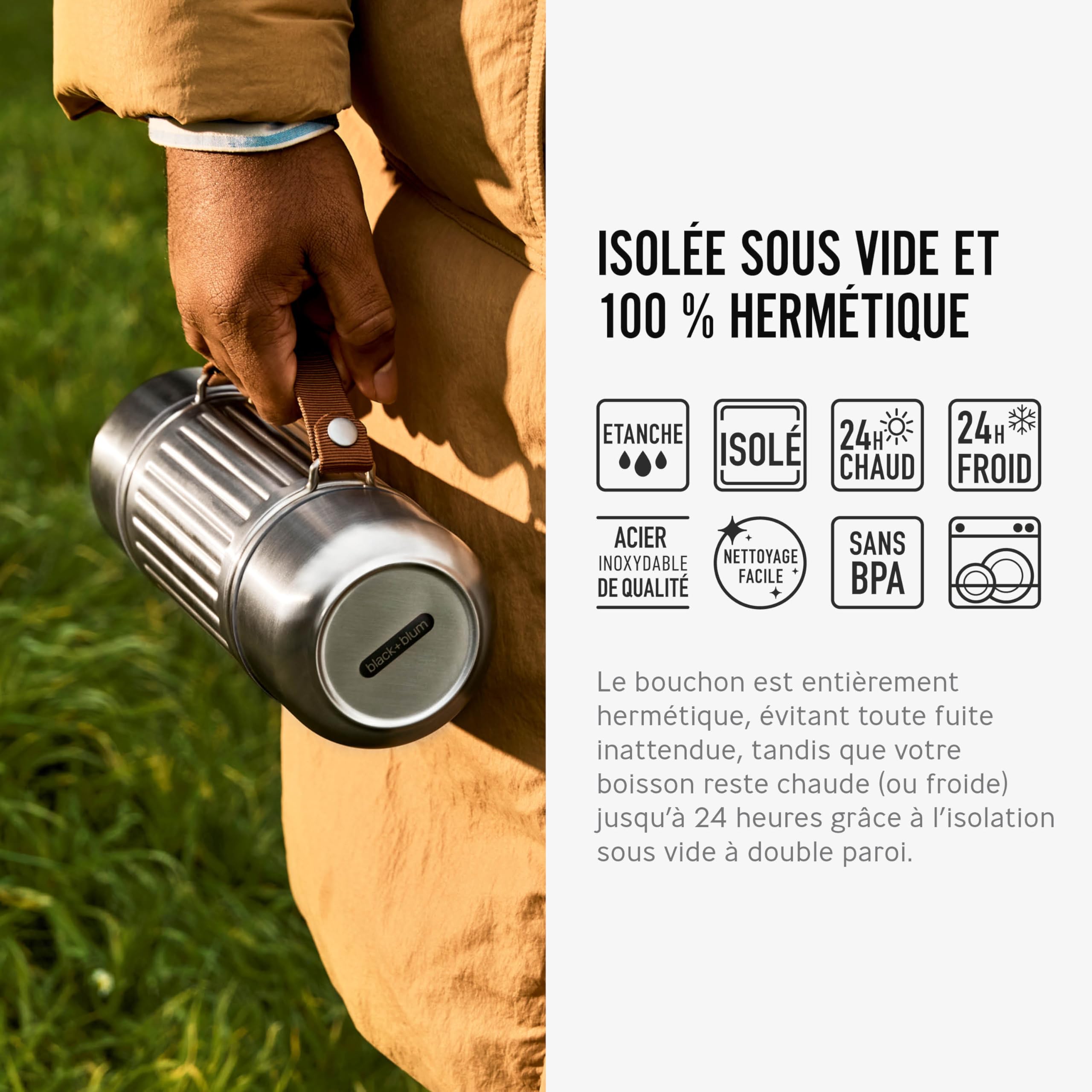 BLACK + BLUM Gourde Isotherme | Explorer Flask En Inox avec 2 Tasses | 1 L | Étanche, Chaud ou Froid 24 h, 2 Tasses Inox Double Paroi, Sangle de Transport, Camping & Plein Air