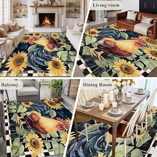 Miniatura 6 de 5x7 Area Rugs, Sunflower Retro Rooster Non-Skid Rubber Backing Large Rectangle Rugs - Living Room Bedroom Home Office, Farmhouse Animals Watercolor
