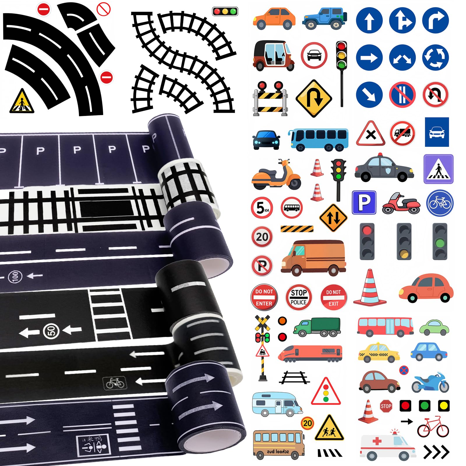 YYMT 14-Piece Road Tape DIY Traffic Sign Set - 6 Rolls Removable Road/Train Track Tape & 8 Traffic Sign Stickers, Create Custom Tracks for for Play Streets, DIY Art Projects, Toy Car Scenes (5cm x 5m)