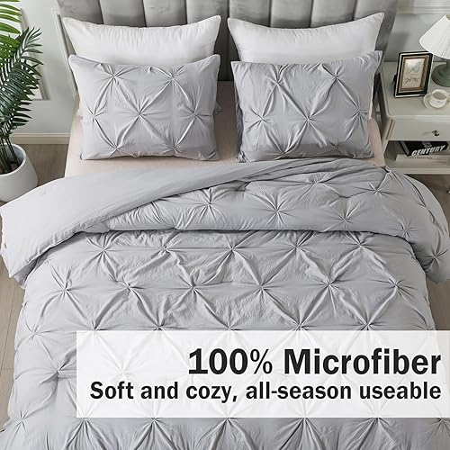 Miniatura 4 de Andency Juego de edredón de tamaño matrimonial color gris plateado (79 x 90 pulgadas), 3 piezas de edredón y juego de ropa de cama plisado moderno