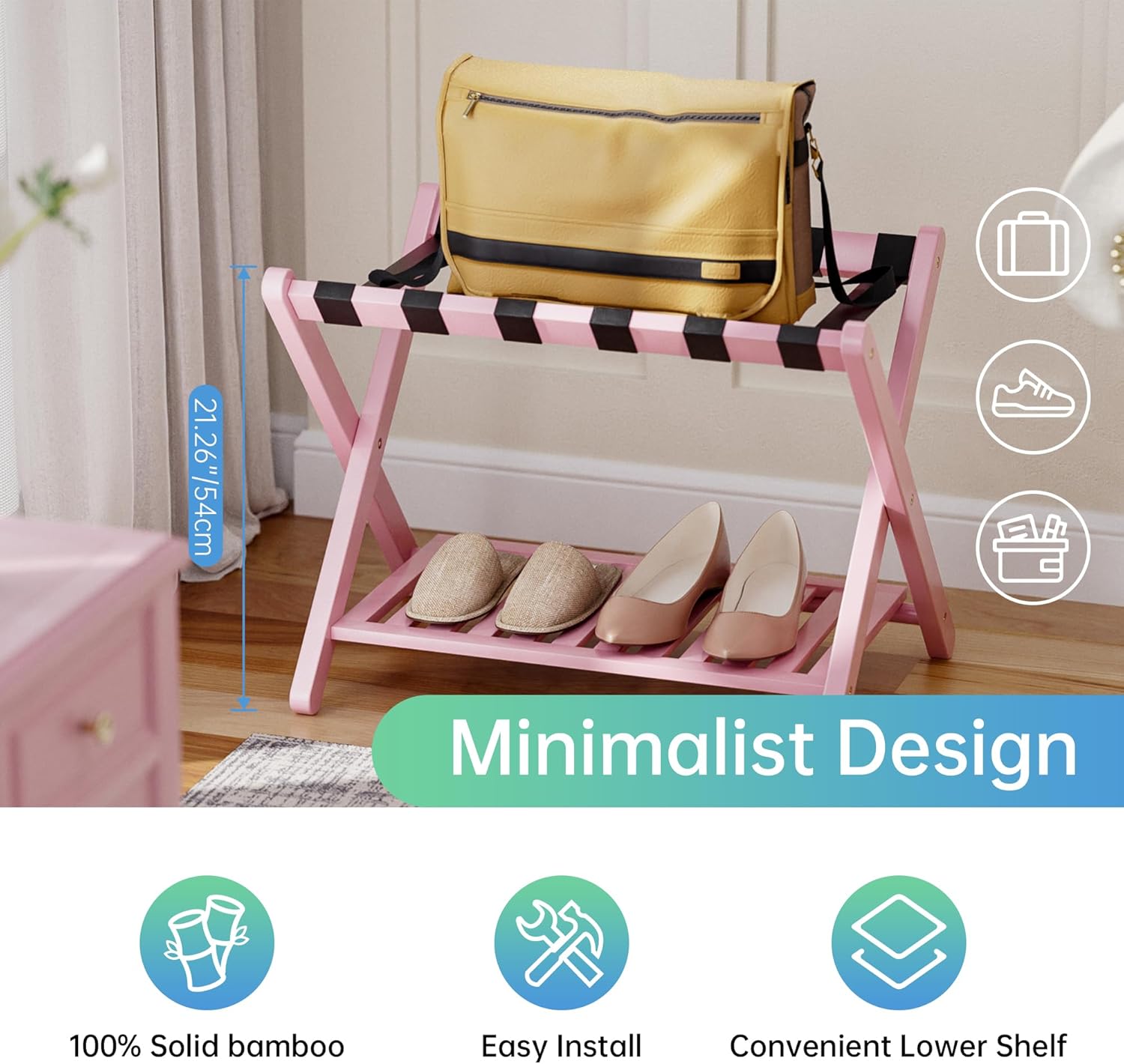 SMIBUY Luggage Rack, Set of 2, Foldable Bamboo Suitcase Stand with Storage Shelf for Guest Room, Bedroom, Hotel, Heavy-Duty (Pink)