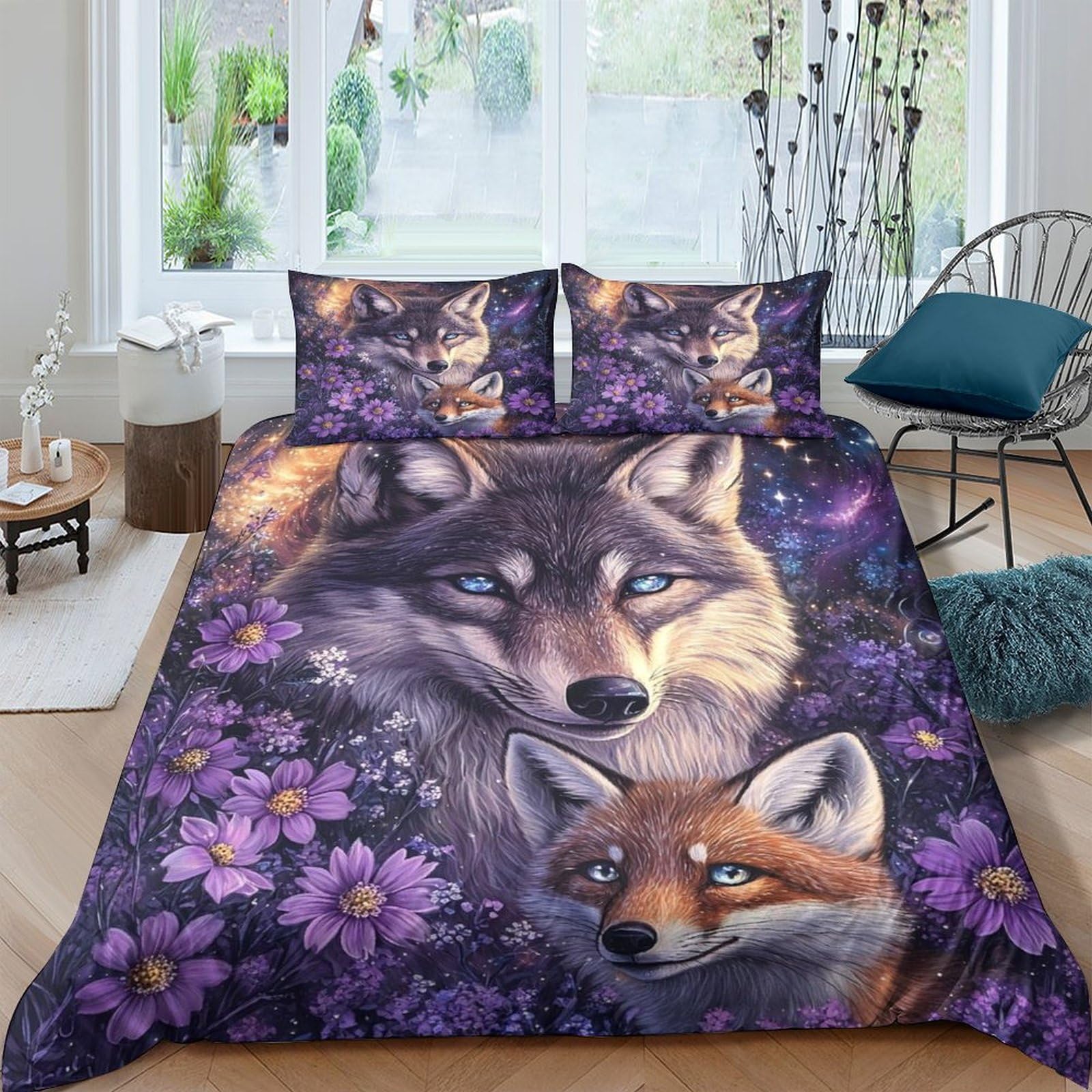GPLZQXKJNH 3D Printed Wolf Floral Duvet Cover Microfiber Soft Breathable Fox Bedding Set with 2 Pillowcases for Bedroom Decor Single（135x200cm）