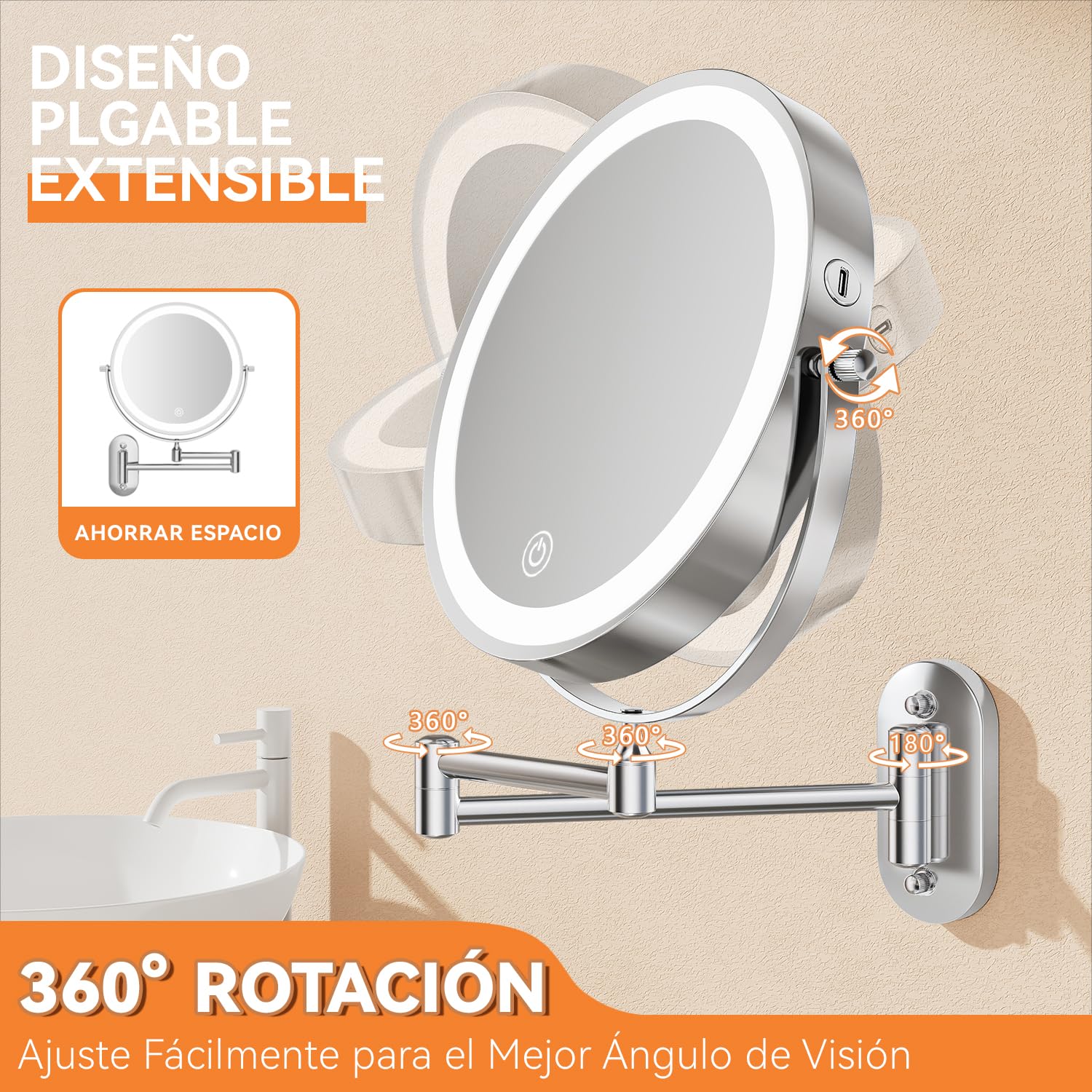 Auxmir 8″ Espejo Maquillaje con Luz para Pared Recargable 3200mAh, 1X/30X Aumento Doble Cara Giratorio 360° Brazo Extensible, 3 Colores y Brillo Regulable, para Baño Hotel, Plata