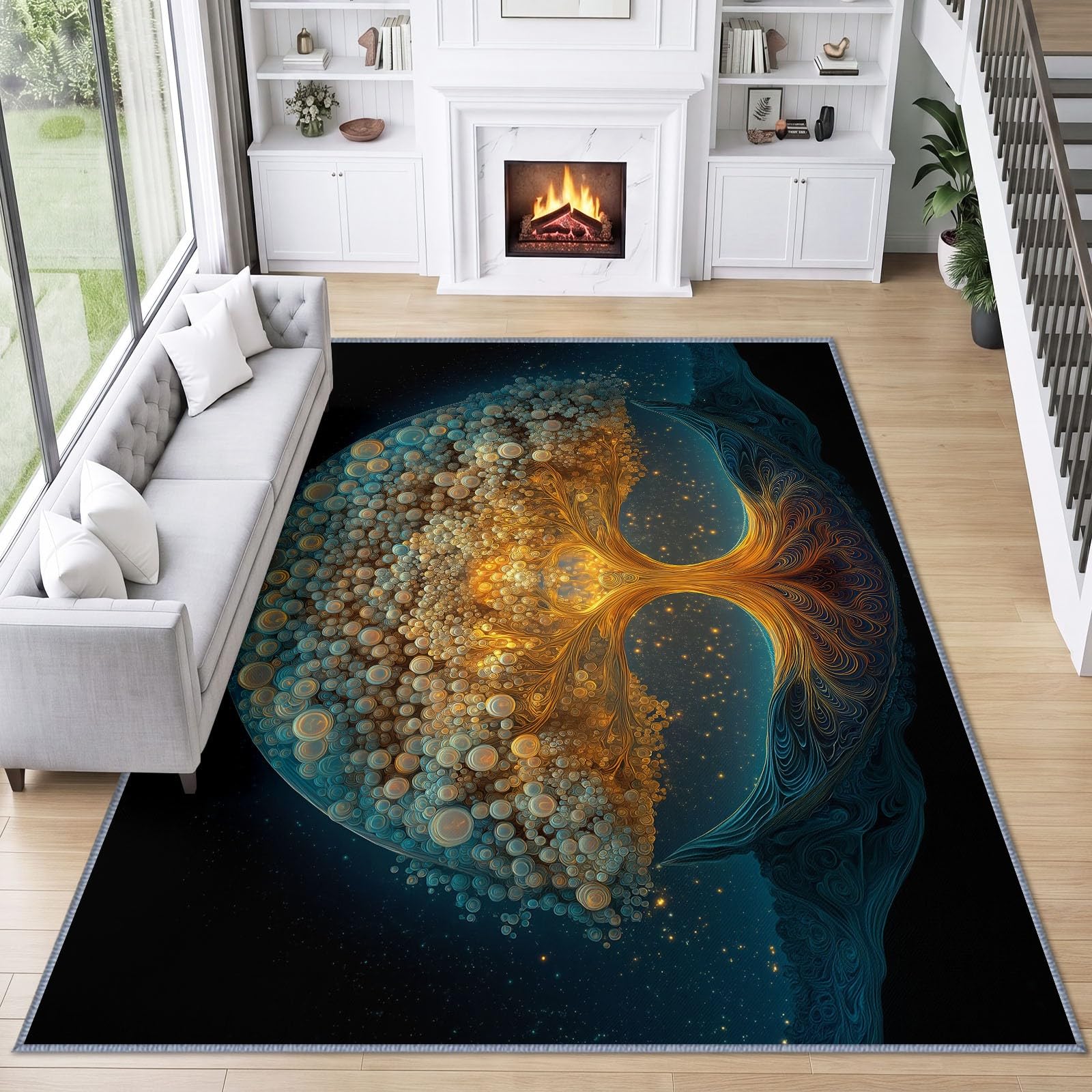 Alfombra de salón, 160 x 230 cm, diseño de árbol de la vida brillante, alfombra de dormitorio, suave y antideslizante, de arte fantástico, lavable a máquina, felpudo, para salón, cocina, pasillo y