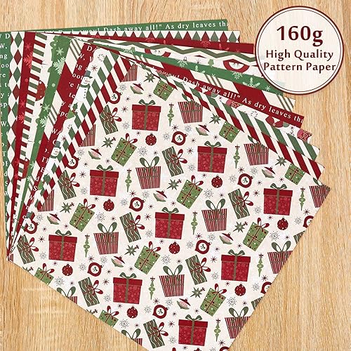 Miniatura 5 de Whaline Paquete de 24 papel de patrón navideño de 11.8 x 11.8 in, papel texturizado rojo y verde, papel de recortes de doble cara, papel de