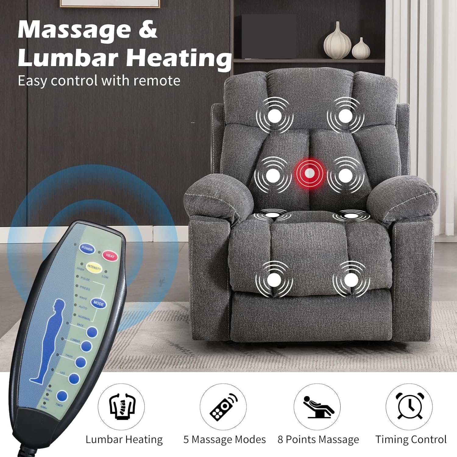 Living Room Dark Gray Electric Lift Recliner Single Sofa for Elderly with with 2 Cup Holders, with Massage and Heat, Large Power Lift Recliner Chair Side Pocket & USB Charge Port