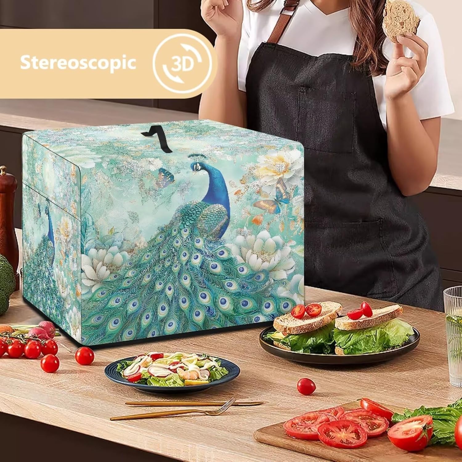 Peacock Print Electric Meat Slicer Machine Cover for Home Kitchen, Bread & Cheese Slicer, Washable Rectangular Protective Cover for Women's Gift image 3