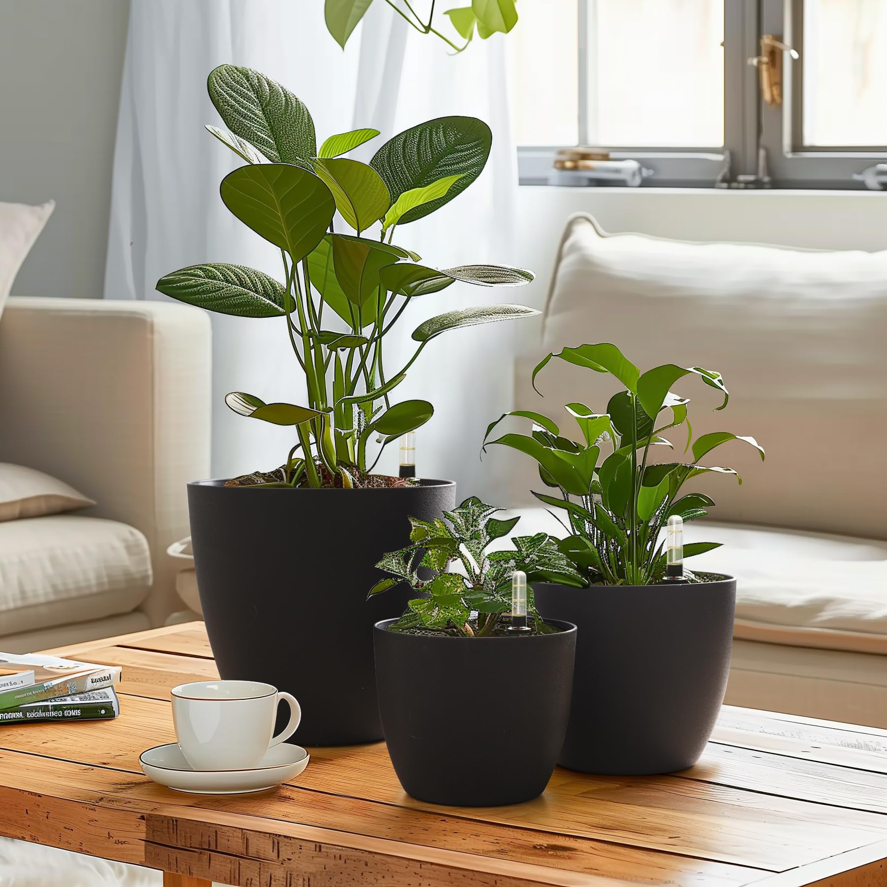 T4U Selbstbewässerungstopf Rund 18cm 4er Set mit Wasseranzeiger Schwarz – Ansicht 7