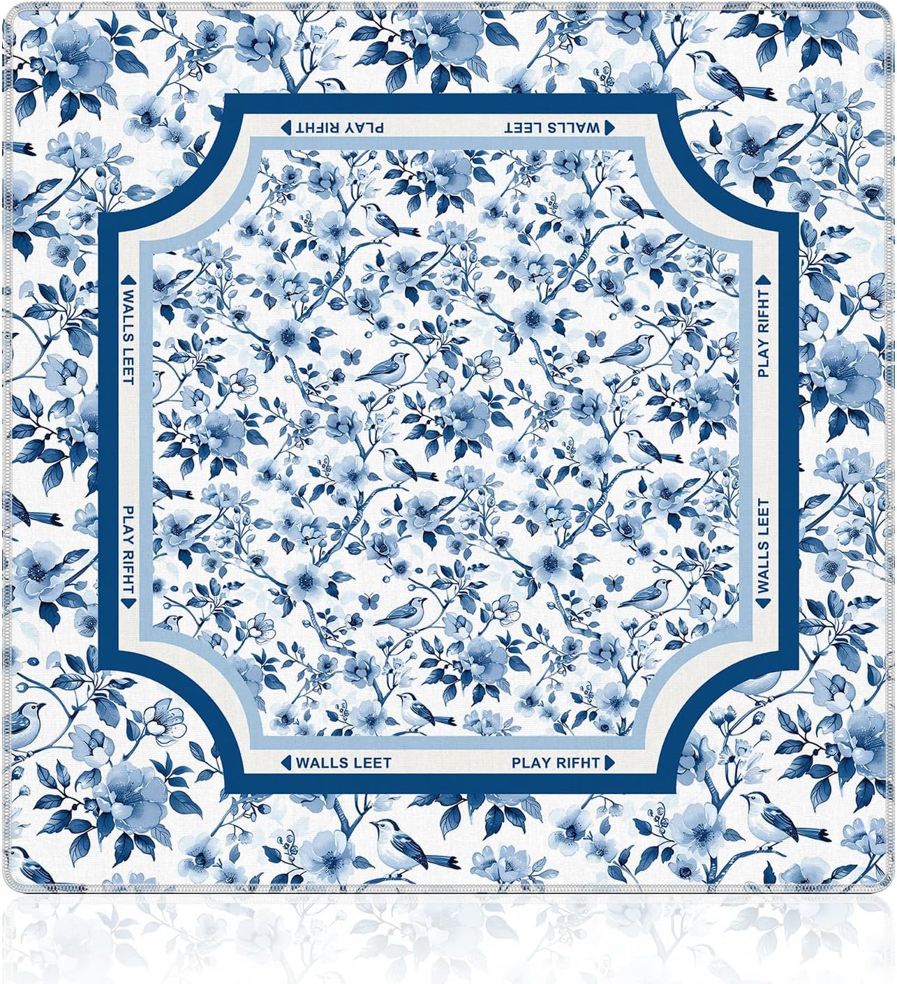 NATSUNO Blue Chinoiserie Floral Mahjong Mat (31.5″x31.5″), Blue and White Porcelain Chinese Non-Slip Noise Reduction Mahjong Table Mat for American Mah Jong Poker Board Games Card Games Dominoes