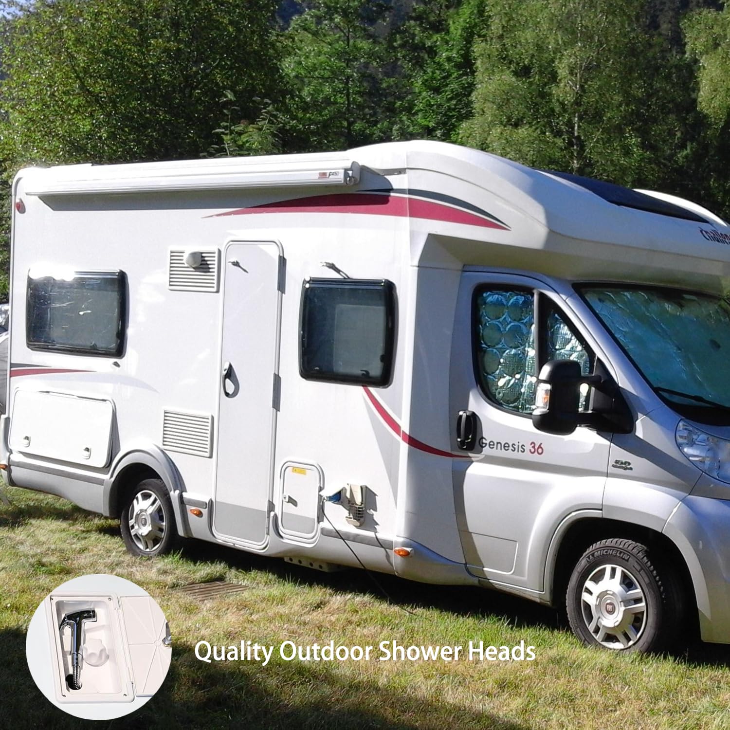 Ducha Camper, Extensible Ducha para Autocaravana, TOOSOAR Blanca Ducha para Camping con Manguera Metálica de 1.5 M, Exterior Botón Unico Ducha para Caravana