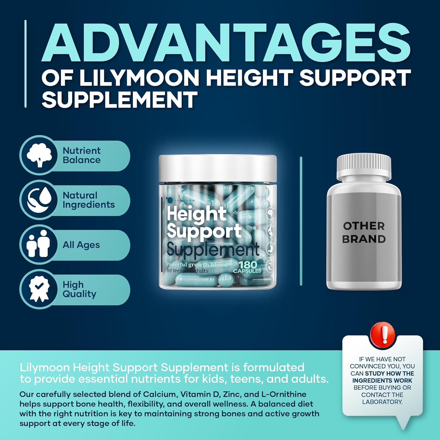 Height & Bone Support Supplement - Premium Height Growth Supplement for Kids & Teens with Calcium - Nutritional Support Bone Health Formula - Height Increase Essential Vitamins - 180 Caps