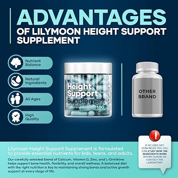 Height & Bone Support Supplement - Premium Height Growth Supplement for Kids & Teens with Calcium - Nutritional Support Bone Health Formula - Height Increase Essential Vitamins - 180 Caps