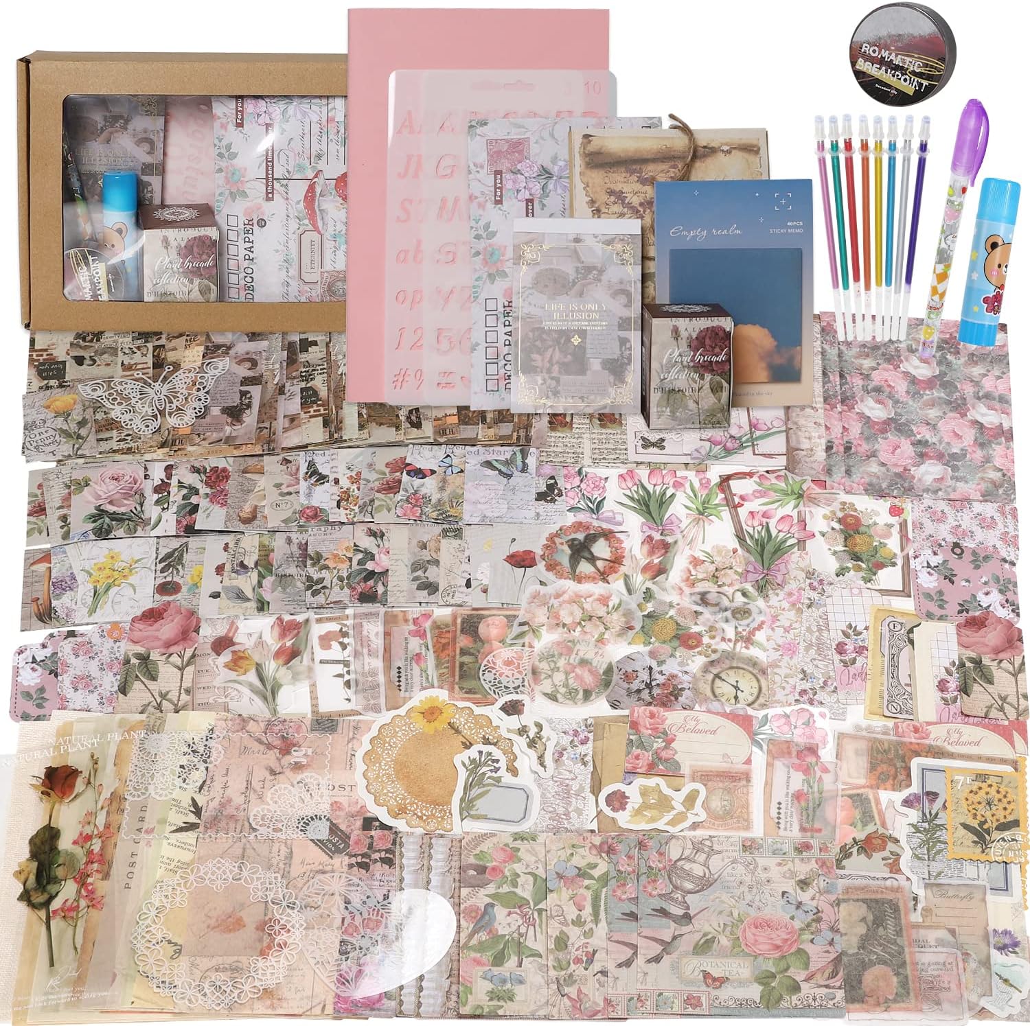 Urradia 483PCS Vintage Scrapbook Supplies Kit, Retro Floral Scrapbook Paper Flower Stickers Pink Scrapbooking Paper Journaling Kit DIY Crafting Papers A5 Scrapbook Tape Glue for Bullet Junk Journals