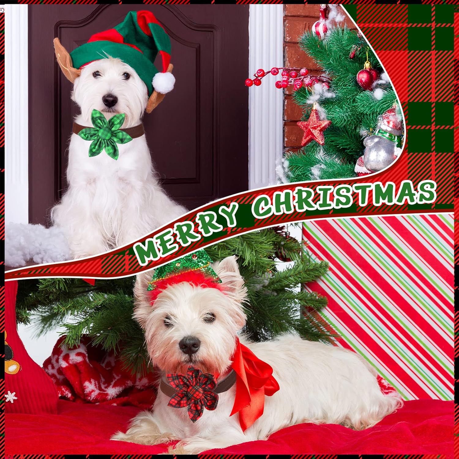 Kigeli 36 Pieces Plaid Christmas Dog Collar Flowers Bulk Dog Bow Ties Dog Charms Grooming for Dog Accessories Small Medium Large Cat Puppy Dog Collar Attachment Christmas Costume