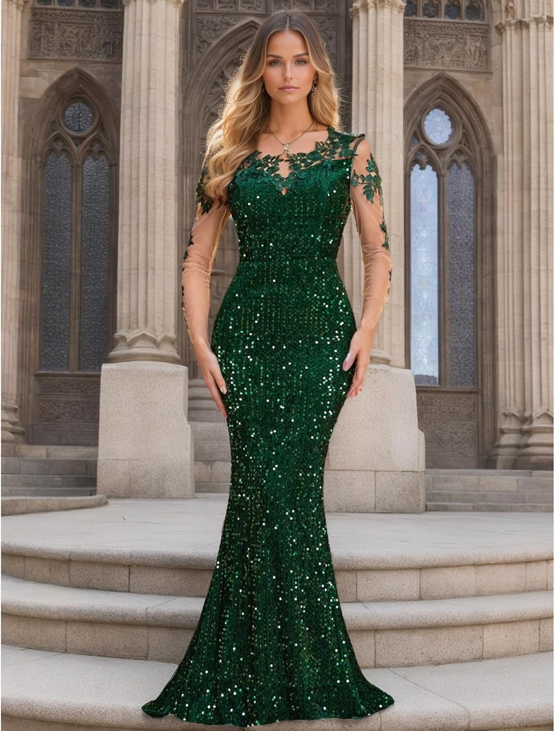 Women's Velvet Sequin Dress Long Sleeve Lace Floral Cocktail Party Evening Gown - Image 5