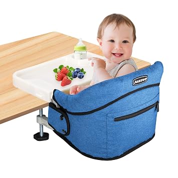Hook On High Chair with Detachable Tray, Portable Foldable Clip On Baby Travel High Chair, Lightweight Feeding Seat with Storage Bag, BPA-Free Safety Harness for Home Restaurant Bright Blue