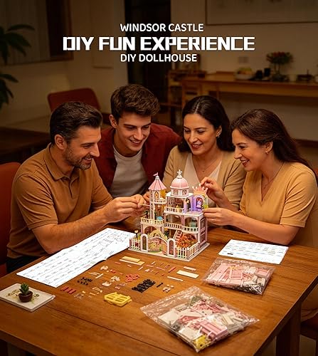 Miniatura 5 de Roroom Kit de casa en miniatura para bricolaje, kit de rincón de libro del castillo de Windsor con luz LED, rompecabezas de madera 3D, kit de casa