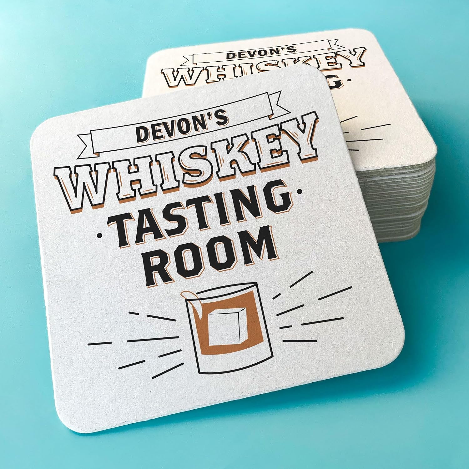 Big Dot of Happiness Personalized Whiskey Tasting Room Drink Coasters, 4-Inch Disposable Round Paper Coasters for Home Bar Accessories, Custom Funny Cocktail Table Decor for Drinks - Set of 25