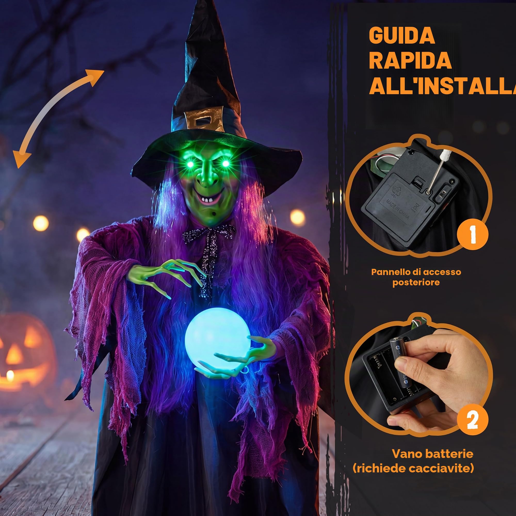 JOYIN 78"Decorazione Strega Appesa Halloween con Palla Magica,Strega Parlante Animata Appesa con Occhi Luminosi e Suono per Decorazioni Prato Casa Stregata Halloween