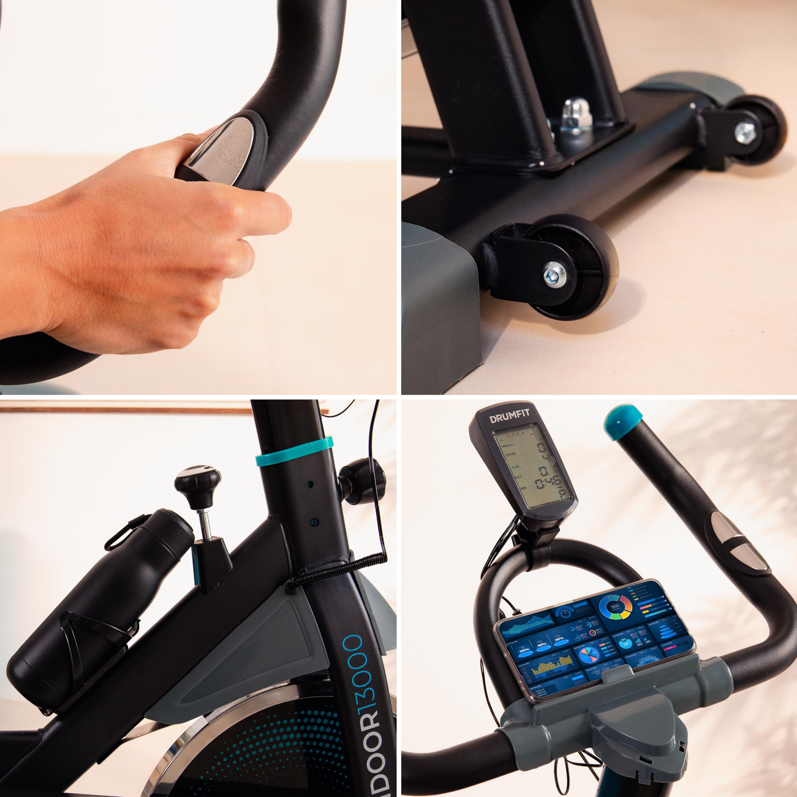 Cecotec Rower treningowy do użytku wewnątrz z kołem zamachowym 13 kg DrumFit Indoor 13000 Race. Pulsometr, ekran LCD, uchwyt na urządzenia, koła, opór tarcia, regulowane siodełko