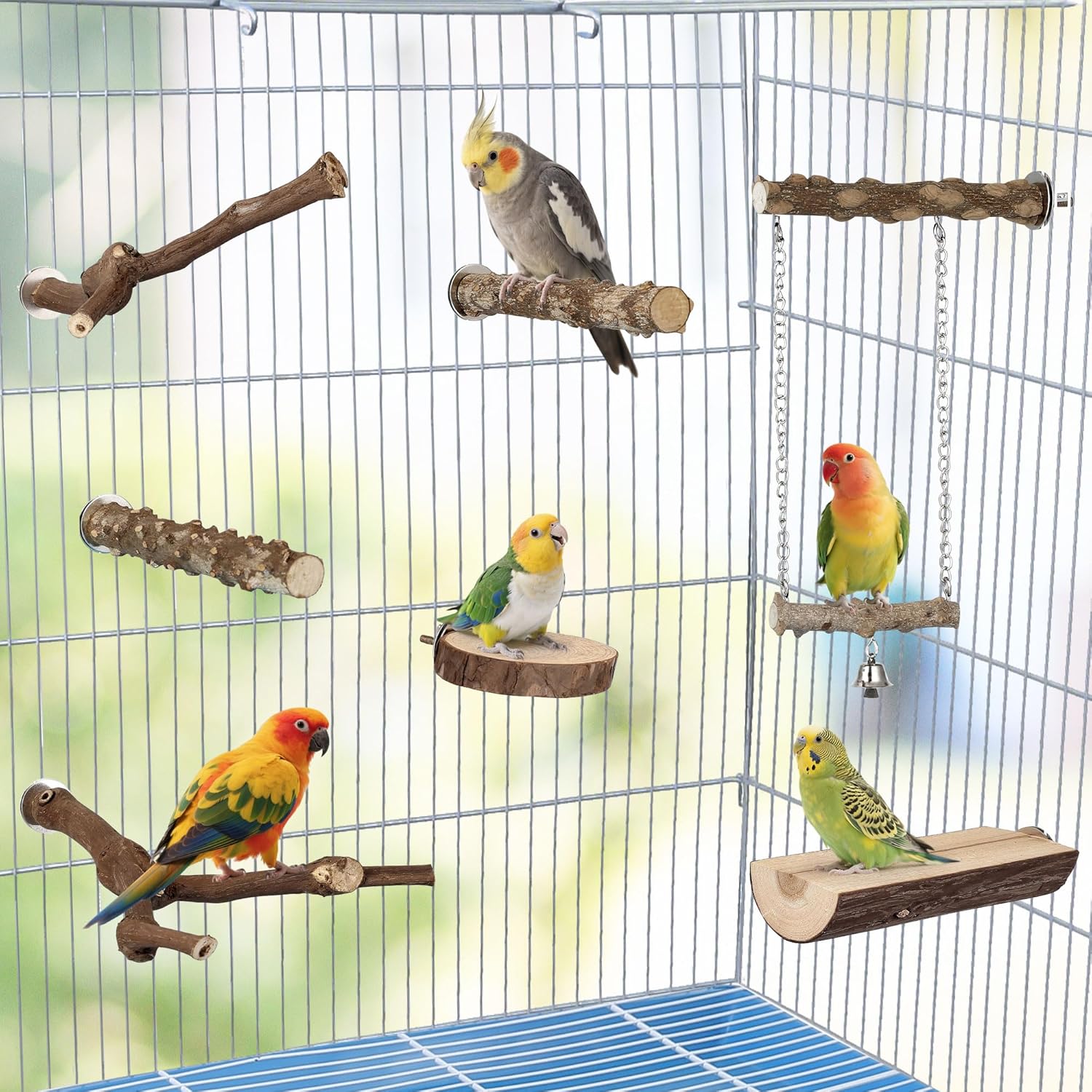 7pcs Set Natural Wood Bird Perches for Cage Wooden Bird Cage Accessories Including Curved Grape Stands Chewing Sticks Platforms Birds Swing Toy for Parakeets Cockatiels Small & Medium Birds