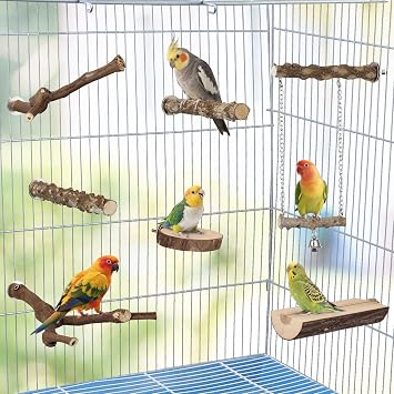 7pcs Natural Wood Bird Perch DIY Bird Cage Accessories Stand Sticks | Natural Bird Perches Kit Including Chewing Stick Platform Swing Toy for Bird Cage Inside & Outside Parakeet Cockatiel Conure