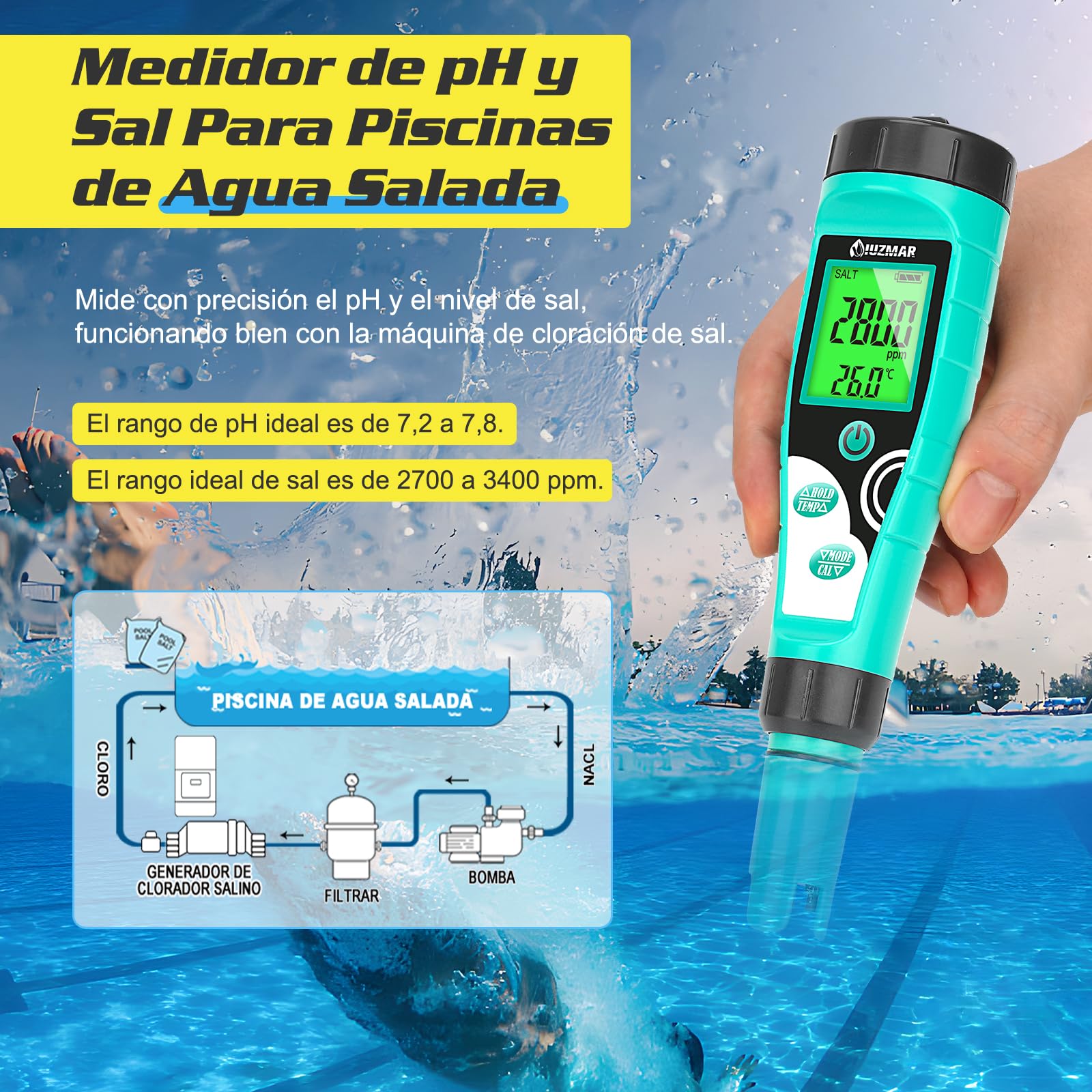 UIUZMAR Medidor de pH y Cloro para Piscinas, Digital Medidor de pH y Salinidad para Piscinas de Agua Salada, 7 en 1 FAC/pH/Sal/ORP/TDS/EC/Temp comprobador con Solución de Calibración para Spas
