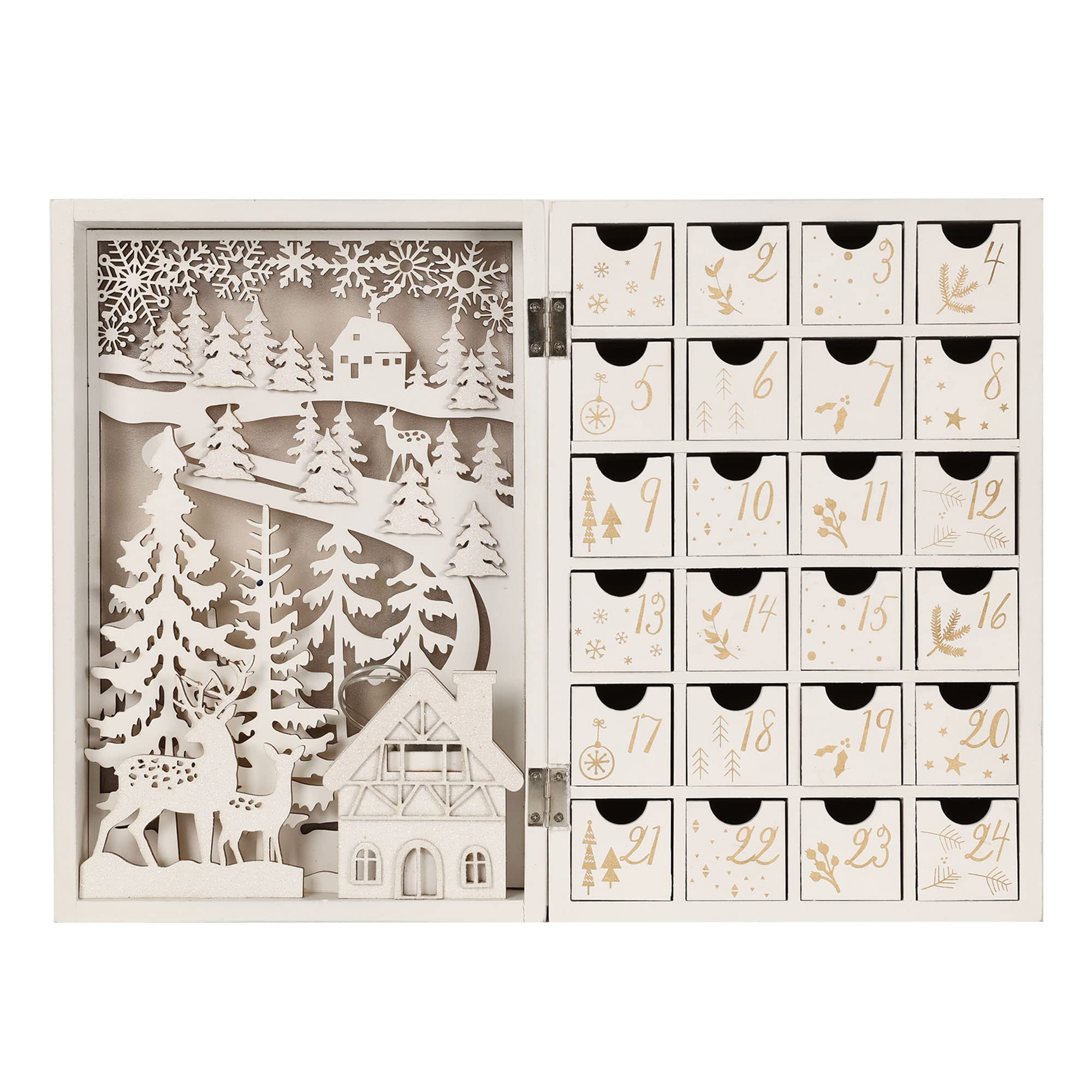 PE Calendario de Adviento de madera de Navidad con cajones y LED, calendario de Adviento de madera reutilizable con escena de reno de bosque de aldea (blanco)
