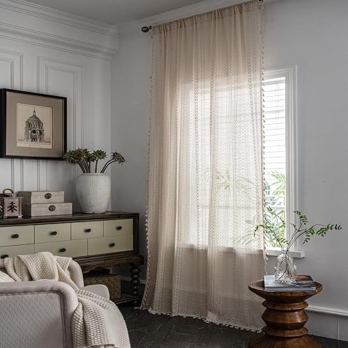 Miniatura 6 de 2 paneles de cortinas bohemias de ganchillo, cortinas semitransparentes con borlas para dormitorio y sala de estar (beige, 59 x 63 pulgadas)