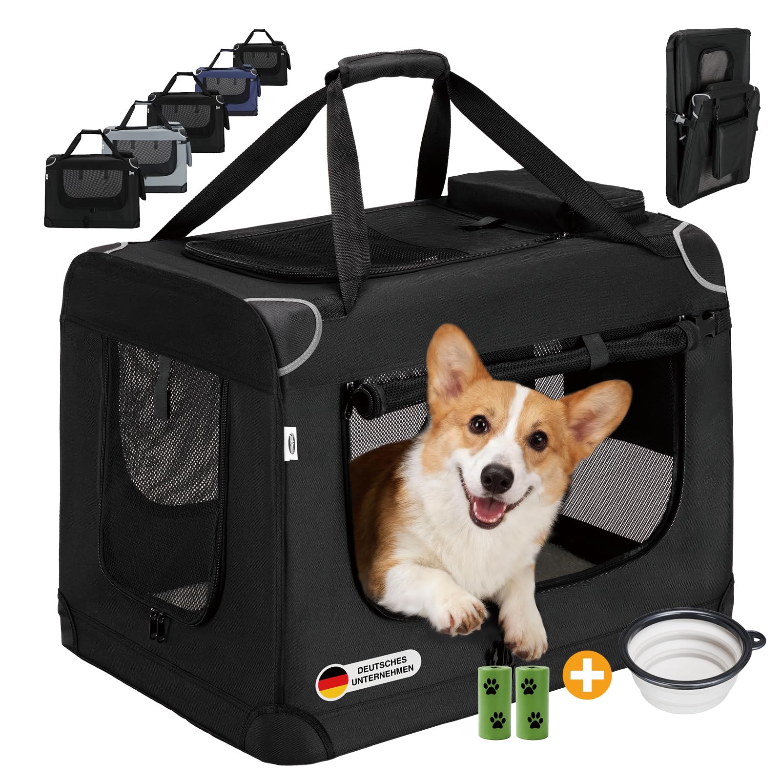 Zedelmaier Hundebox Faltbar Hundetransportbox, M 60x44x42cm, robust Transportbox für Hund & Katze Groß Hundetasche Auto Haustiertransportbox für Unterwegs & Zuhause Schwarz